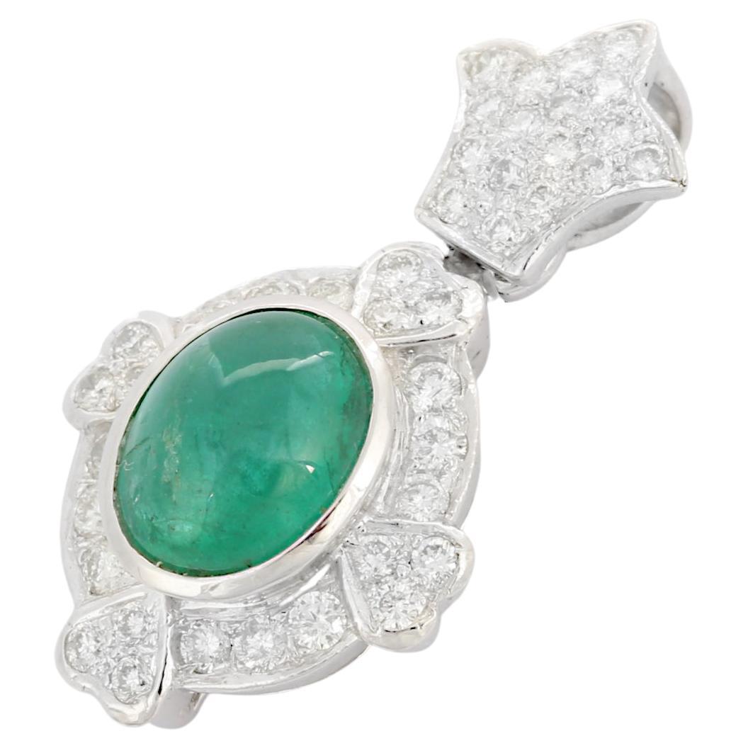 Art Deco Style Emerald Diamond Pendant Necklace in 18K White Gold For Sale