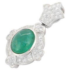 Art Deco Style Emerald Diamond Pendant Necklace in 18K White Gold