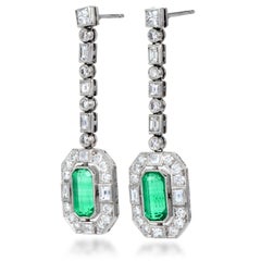 Art Deco Style Emerald Diamond Platinum Linear Drop Earrings