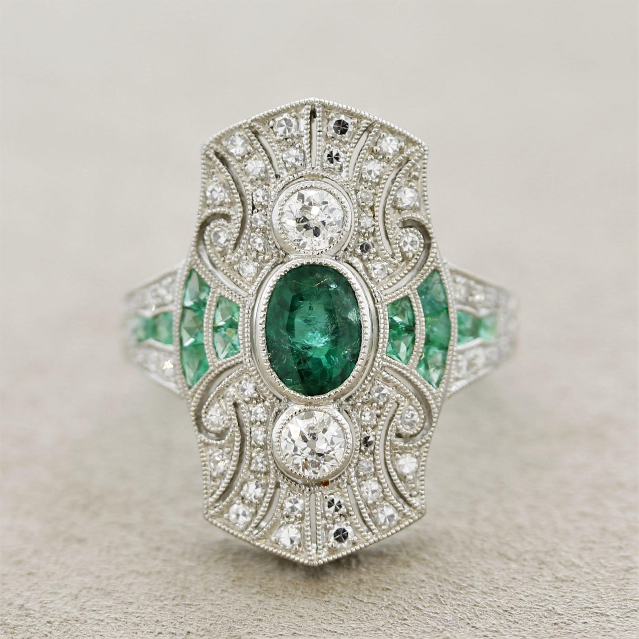 Mixed Cut Art Deco Style Emerald Diamond Platinum Ring