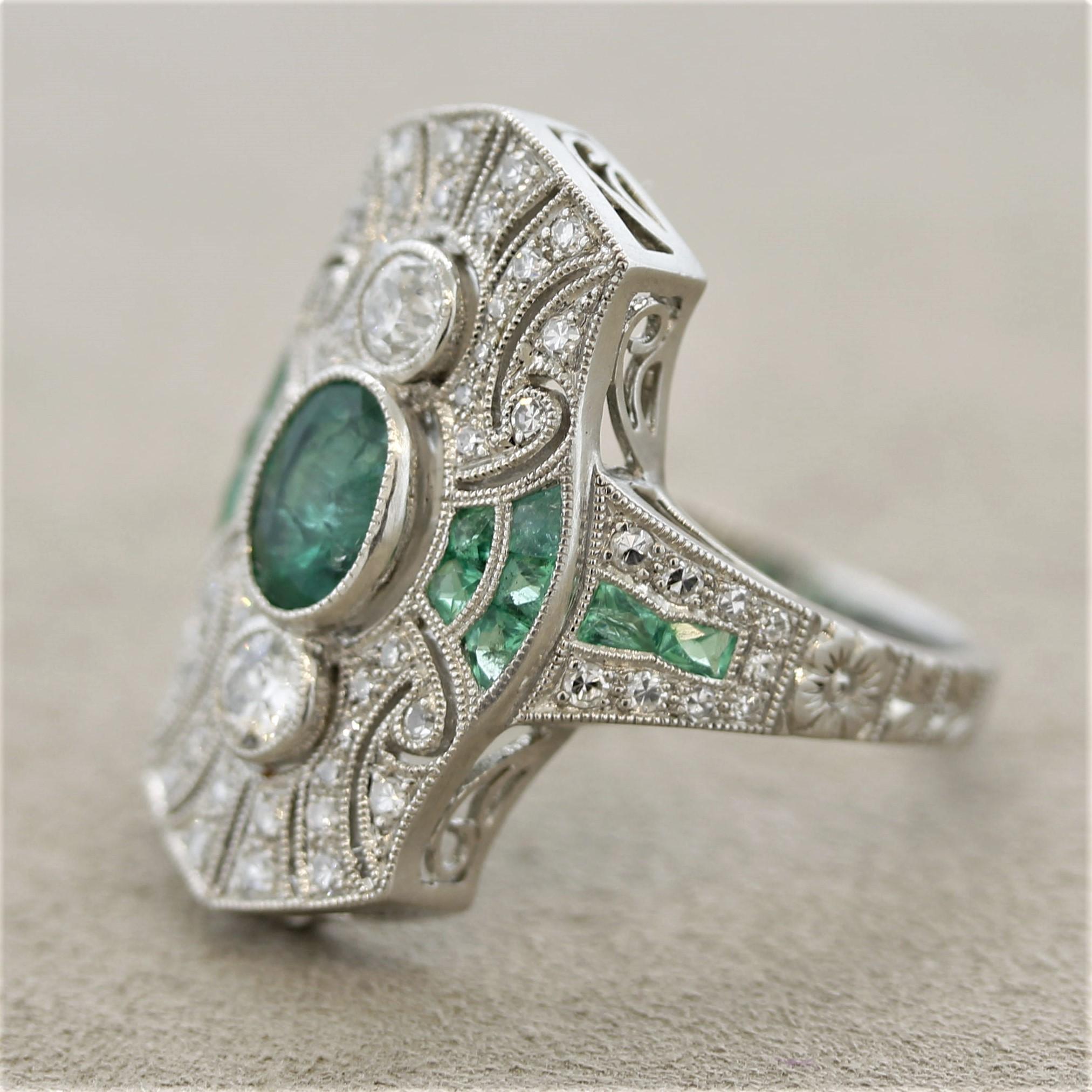 Art Deco Style Emerald Diamond Platinum Ring In New Condition In Beverly Hills, CA