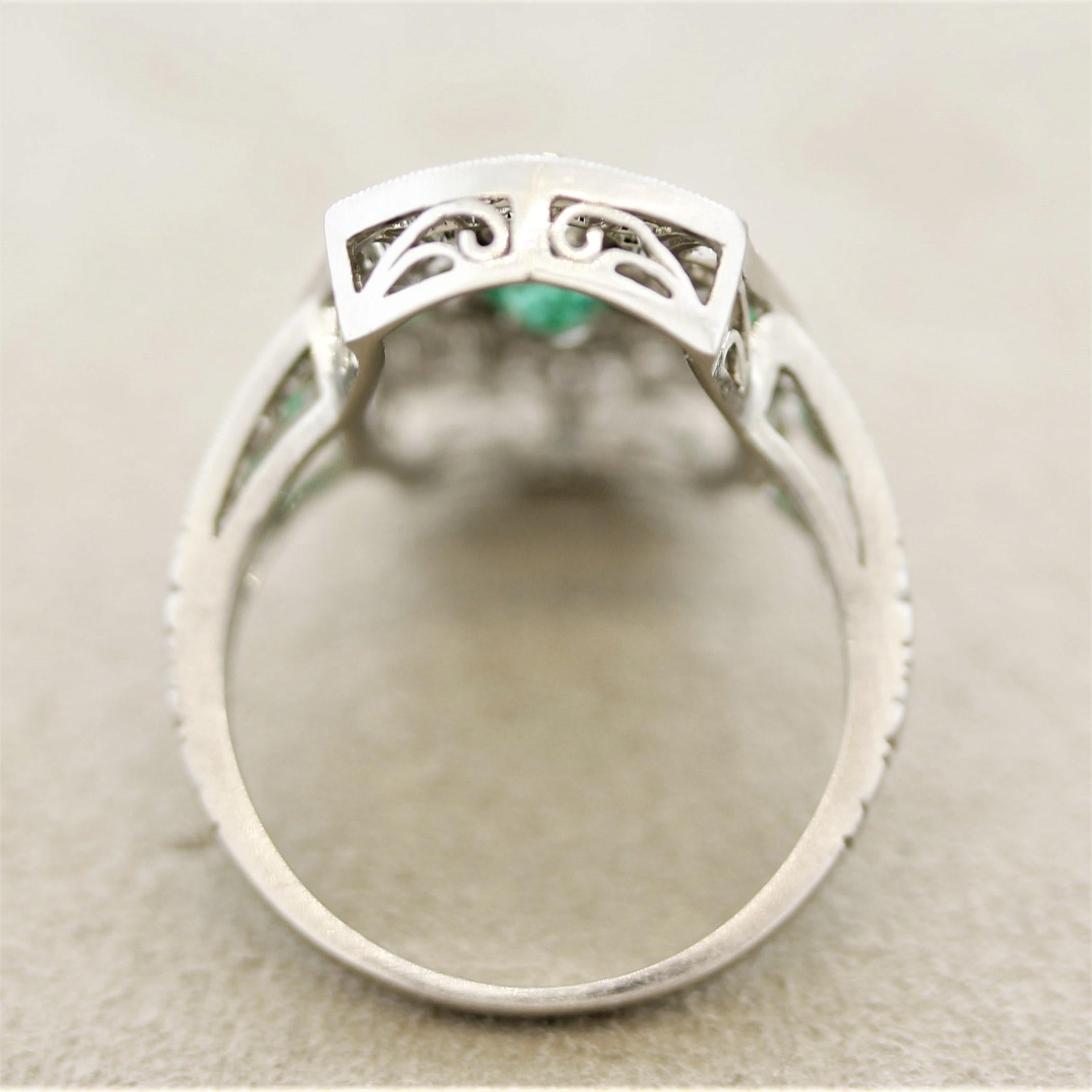 Women's Art Deco Style Emerald Diamond Platinum Ring