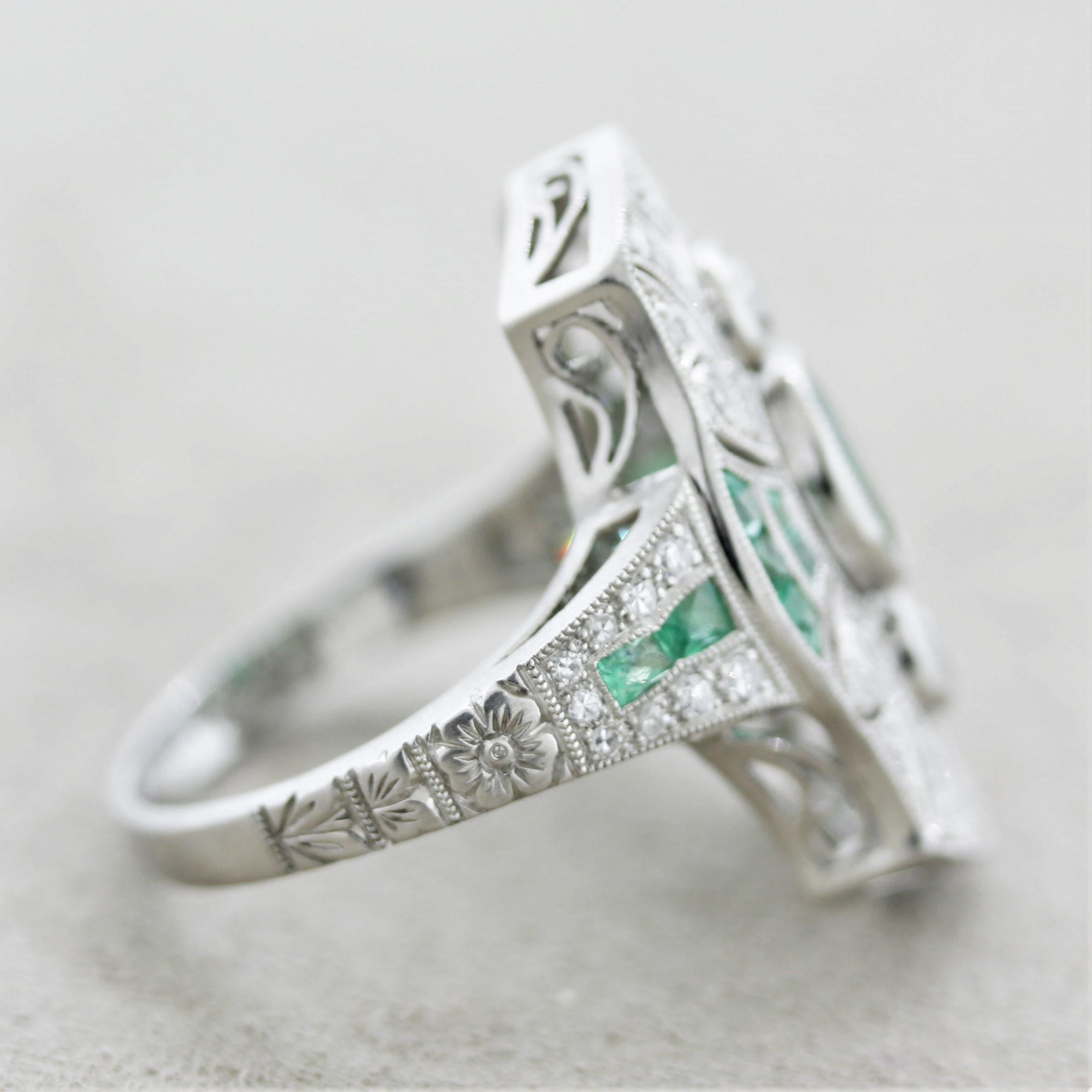 Art Deco Style Emerald Diamond Platinum Ring 1
