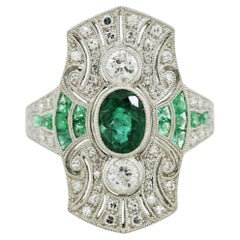Art Deco Style Emerald Diamond Platinum Ring