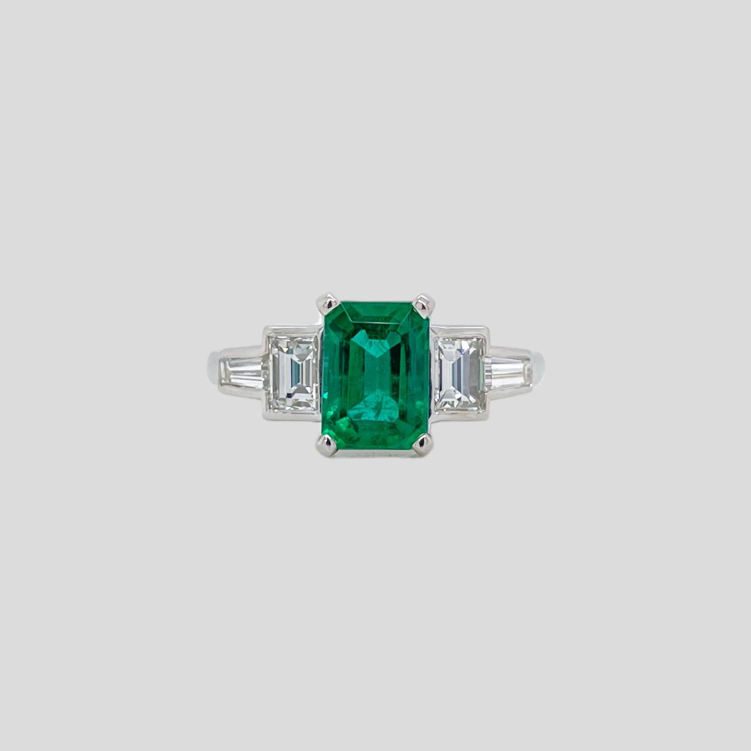 Emerald Cut Art Deco Style Emerald & Diamond Ring in Platinum For Sale