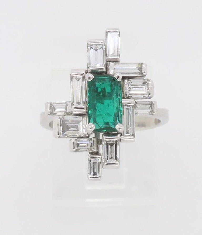 1.10 Ctw Art Deco Style Emerald & Diamond 14K White Gold Halo Ring