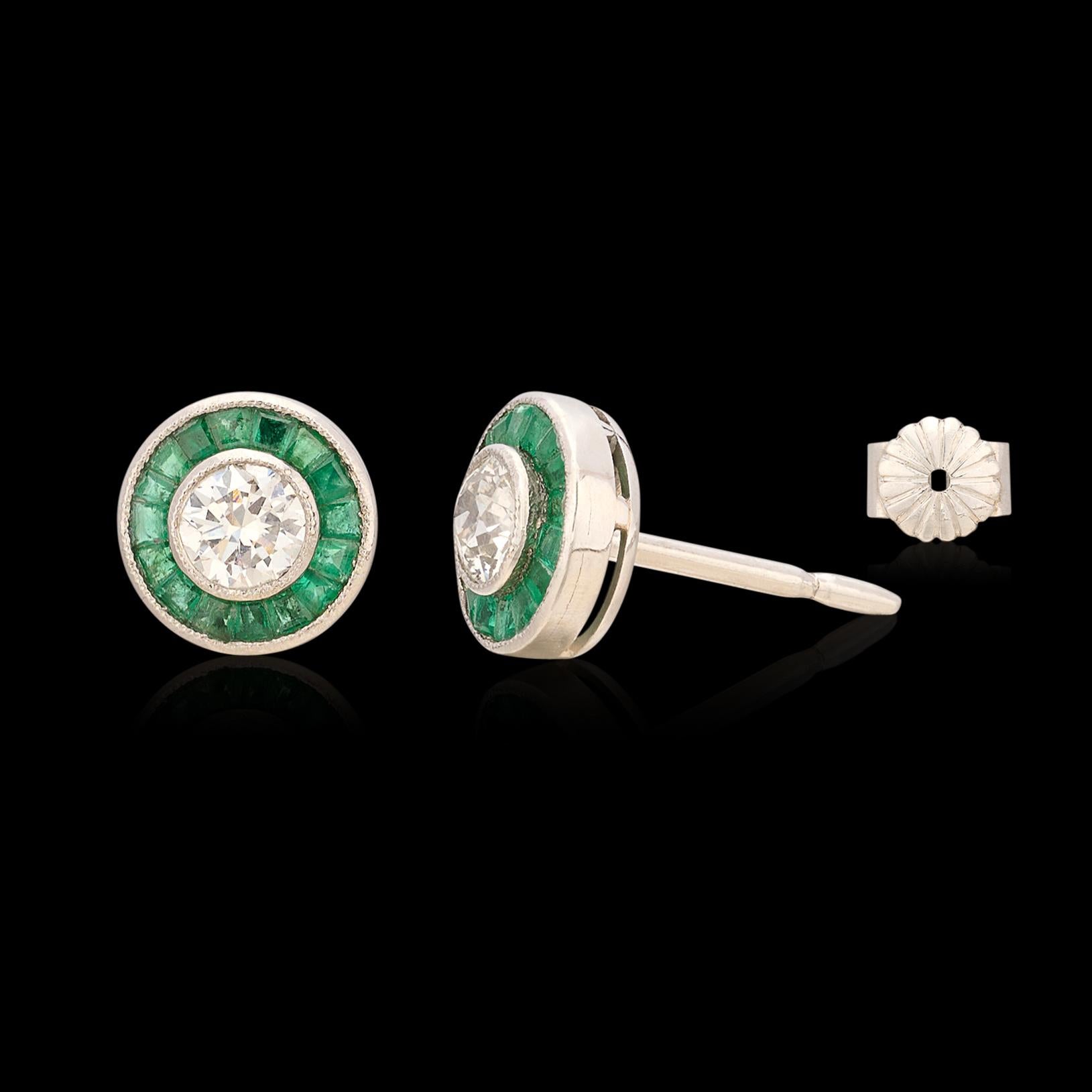 Round Cut Art Deco Style Emerald & Diamond Stud Earrings