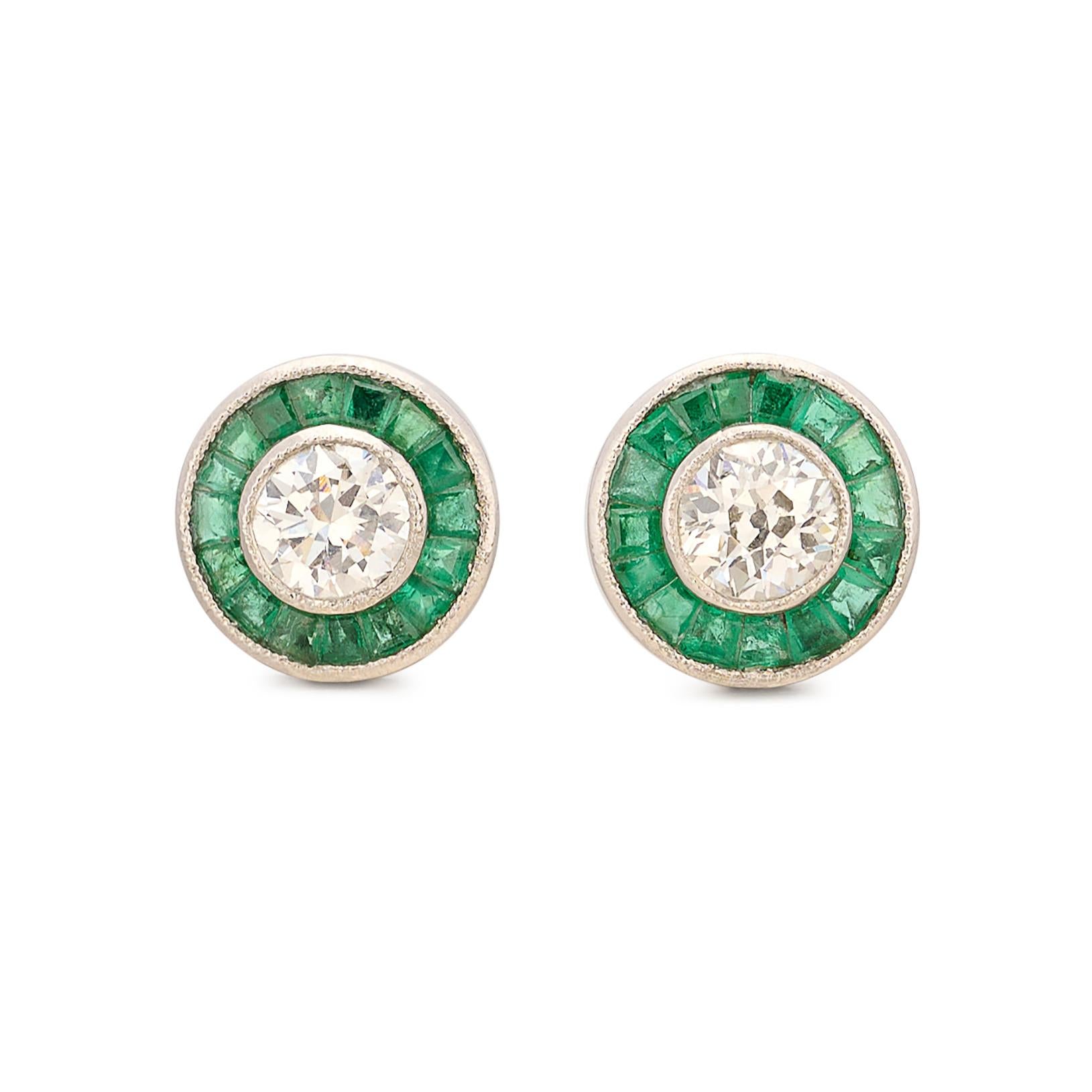Art Deco Style Emerald & Diamond Stud Earrings 1
