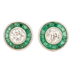 Art Deco Style Emerald 
Diamond Stud Earrings