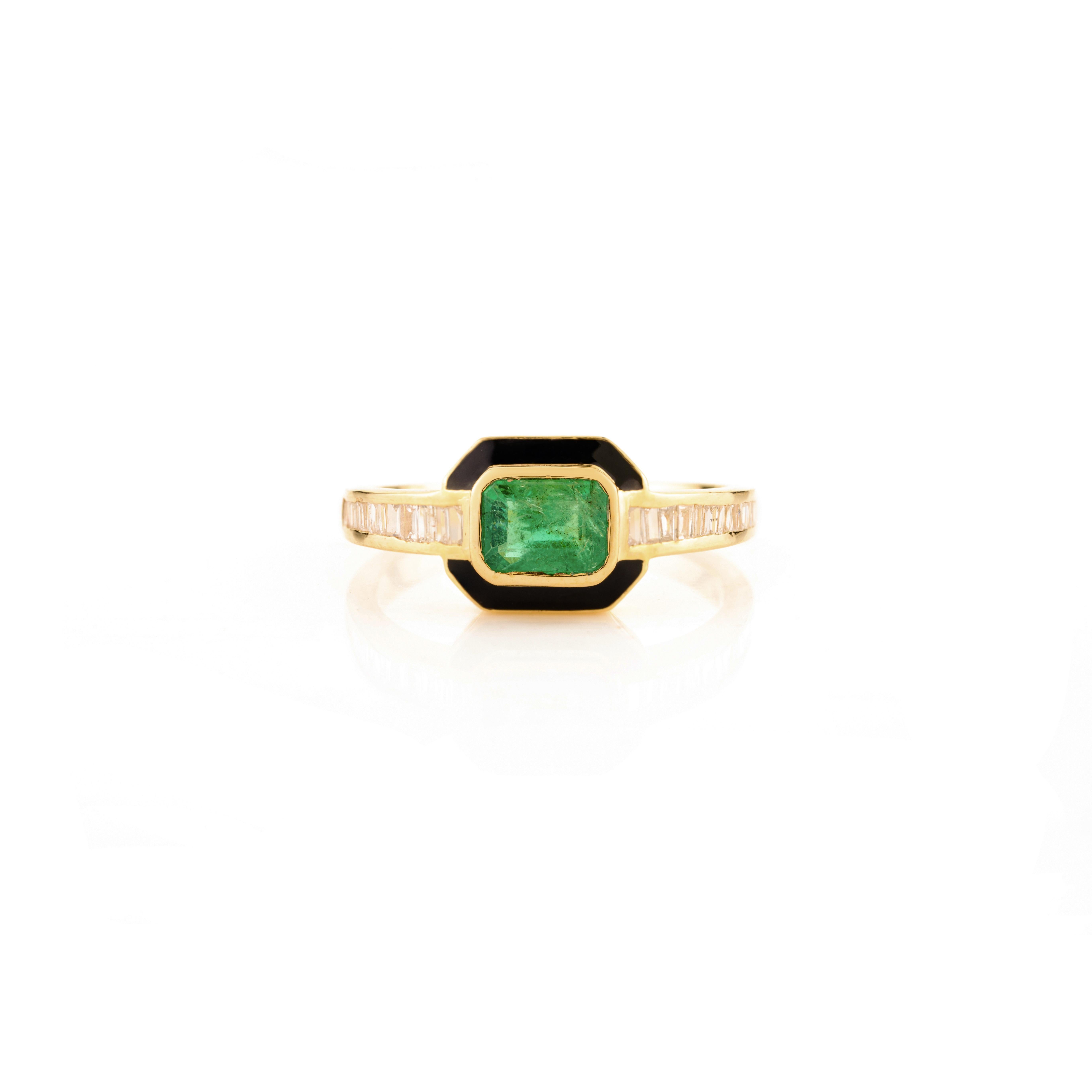 For Sale:  Art Deco Style Emerald Diamond Wedding Ring for Her in 18k Solid Yellow Gold 9