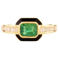 Bague de mariage pour elle en or jaune massif 18 carats, style art déco, avec émeraude et diamant