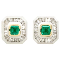 Vintage Art Deco Style Emerald, Diamond, Yellow Gold and Platinum Earrings