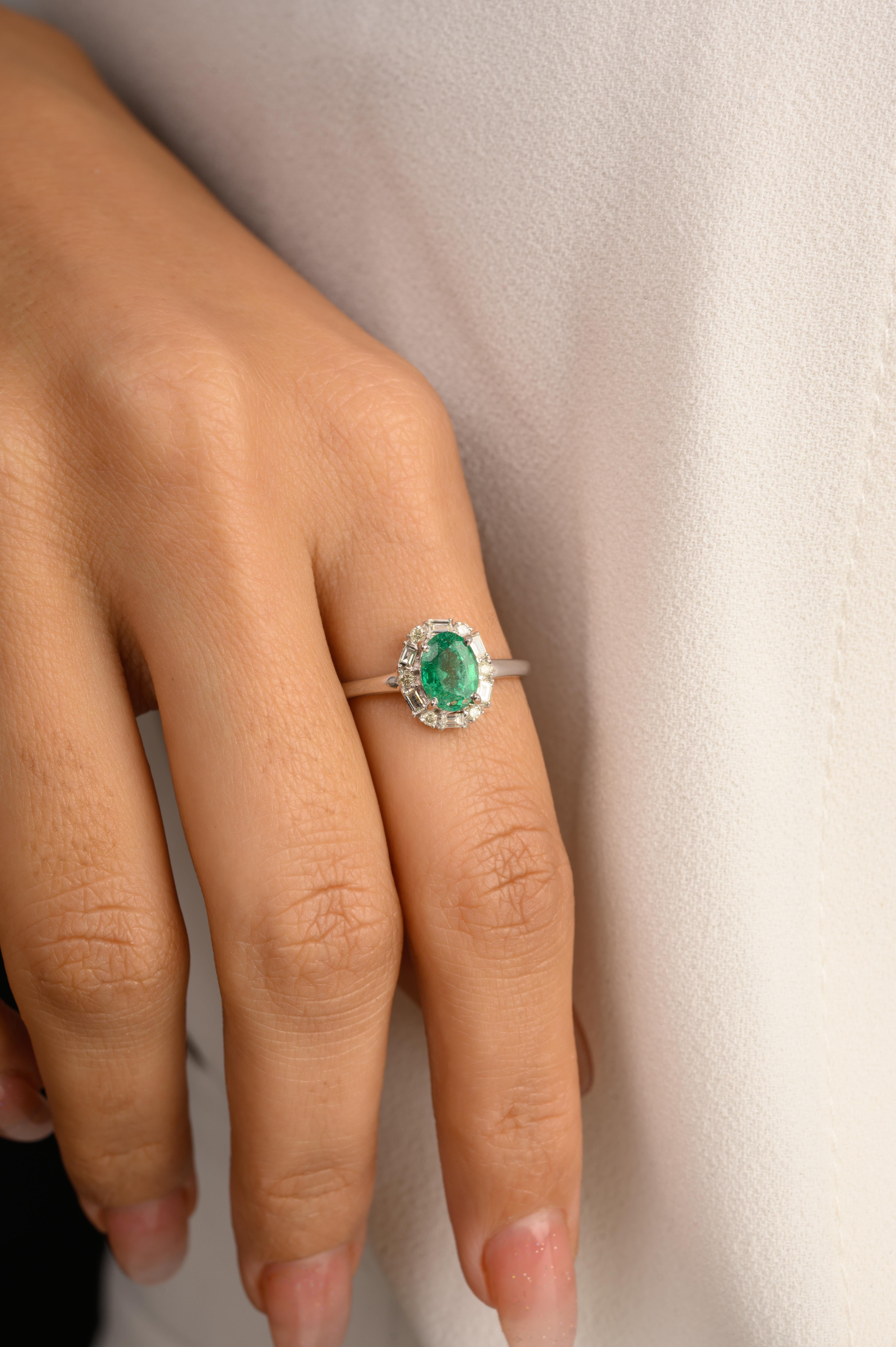 For Sale:  0.73 Carat Oval Emerald Engagement Ring with Halo Diamonds in 14k White Gold 4