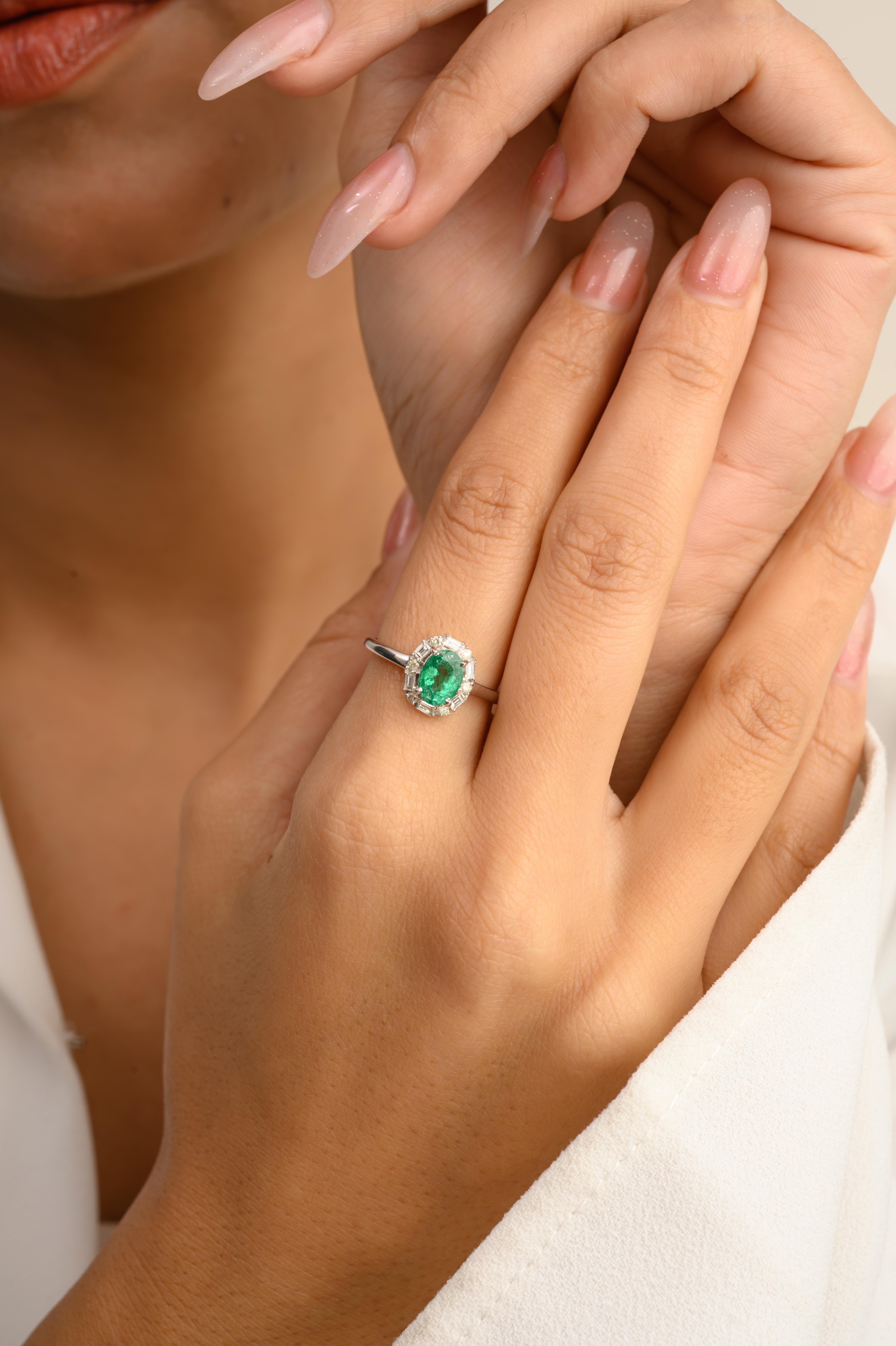 For Sale:  0.73 Carat Oval Emerald Engagement Ring with Halo Diamonds in 14k White Gold 6