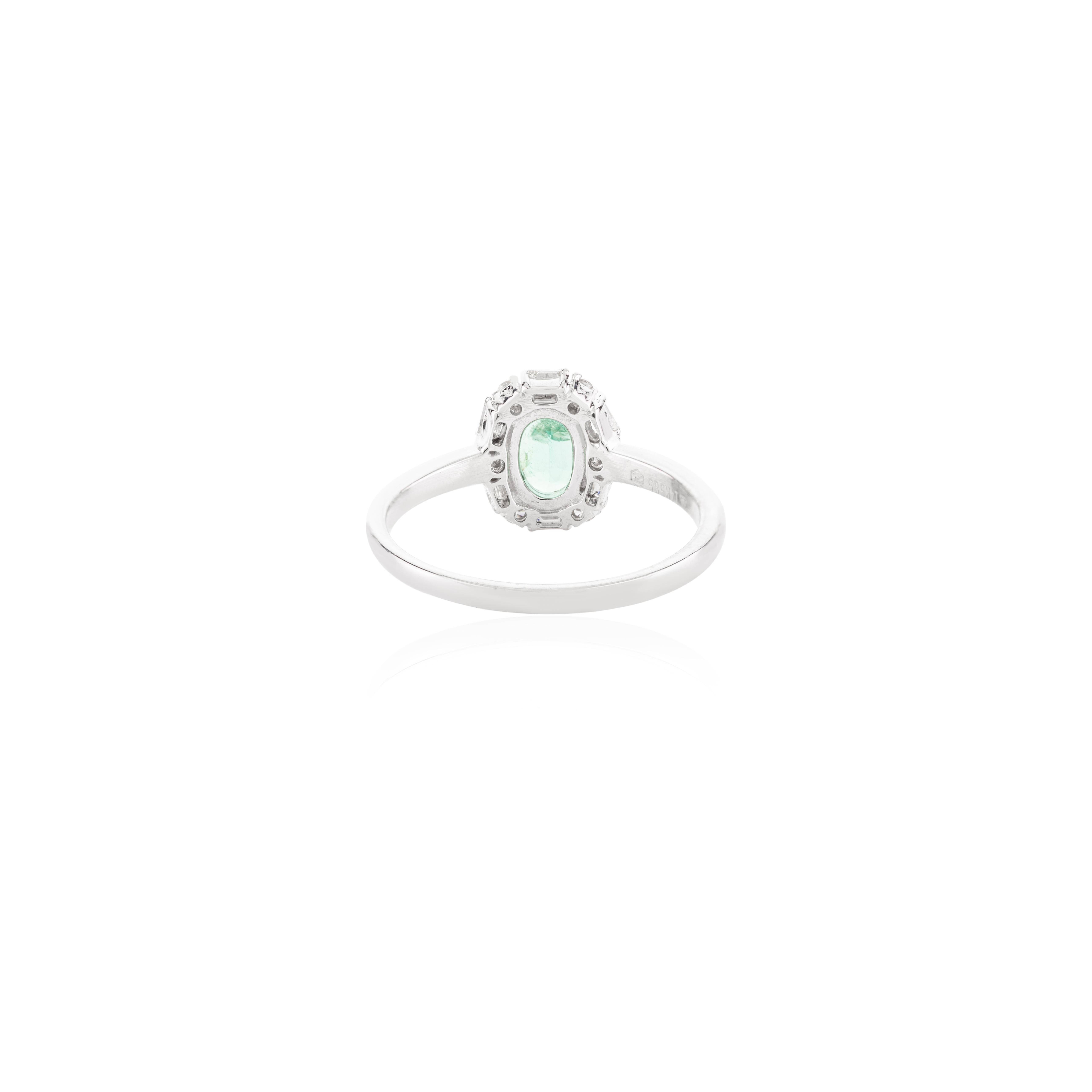 For Sale:  0.73 Carat Oval Emerald Engagement Ring with Halo Diamonds in 14k White Gold 7