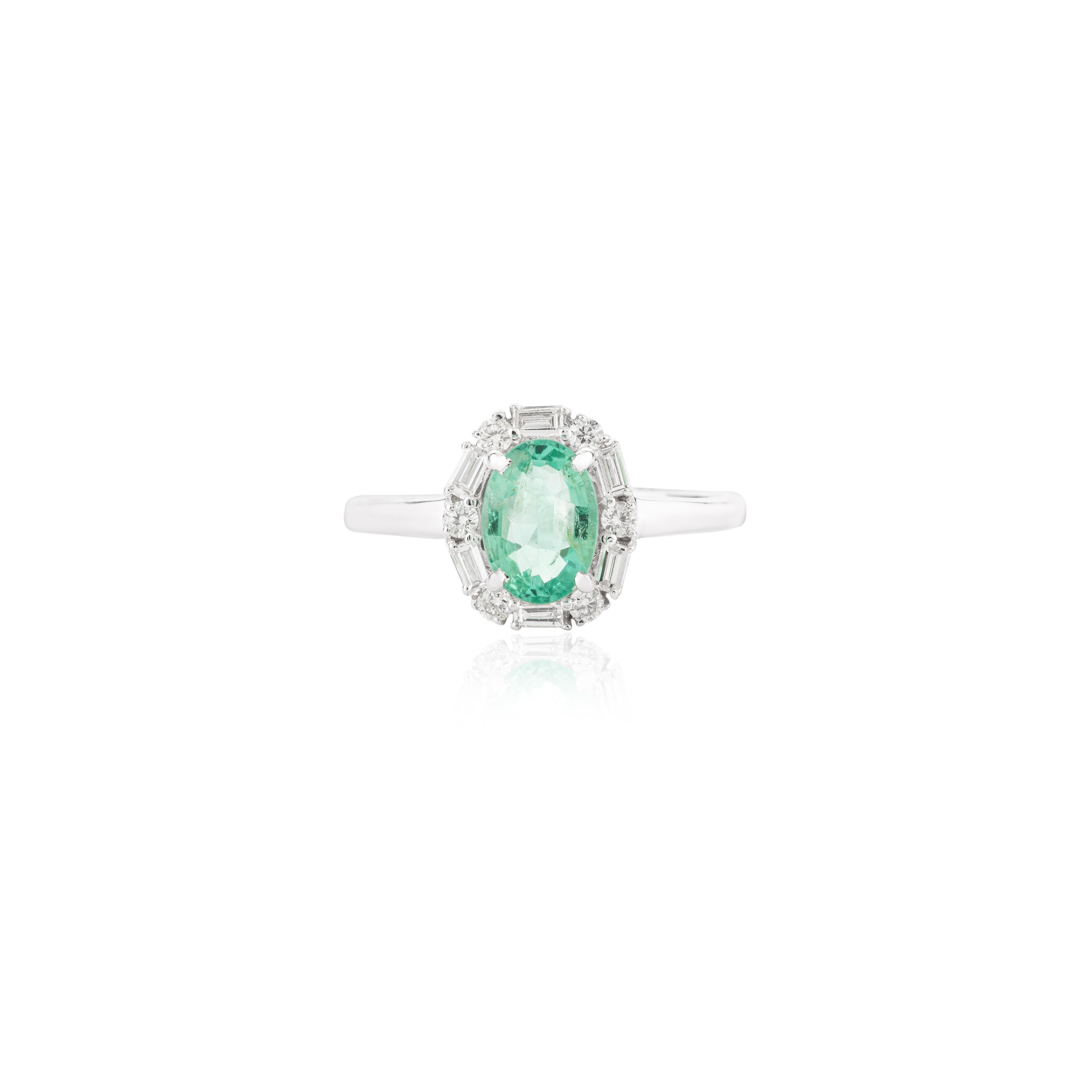 For Sale:  0.73 Carat Oval Emerald Engagement Ring with Halo Diamonds in 14k White Gold 8