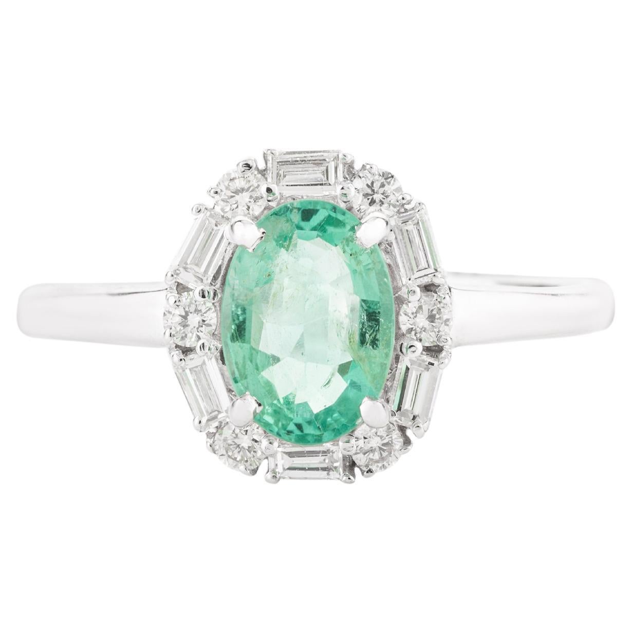 Art Deco Style Emerald Engagement Ring with Halo Diamonds in 14k White Gold