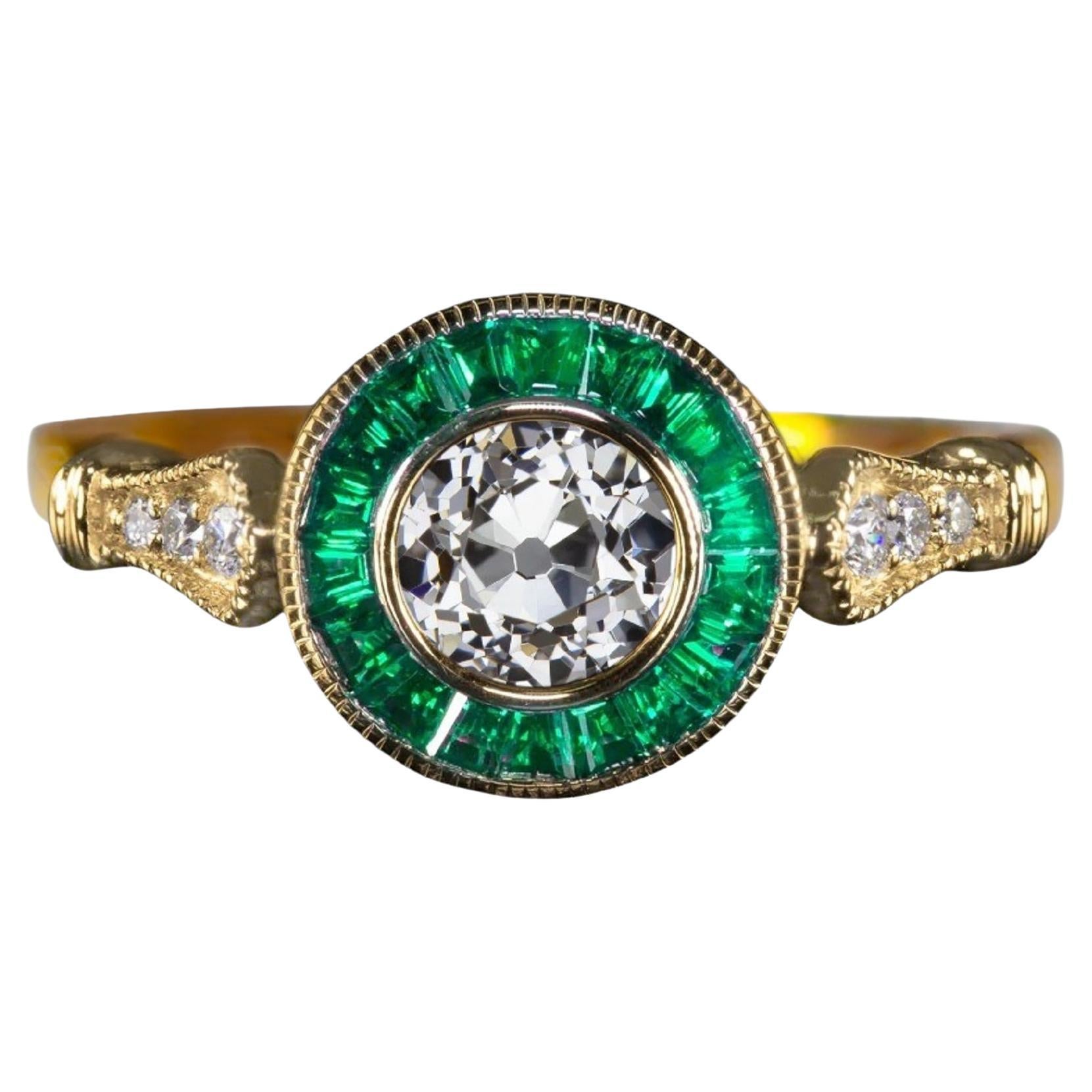 Art Deco Style Emerald Old Mine Cut Diamond Ring For Sale