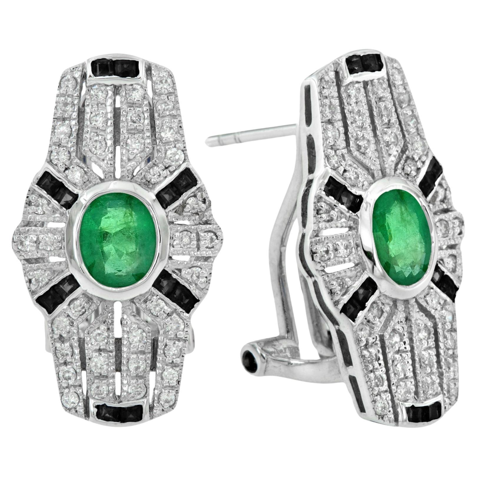 Art Deco Style Emerald & Onyx and Diamond Shield Shape 14K White Gold Earrings
