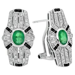 Art Deco Style Emerald Onyx Diamond Shield Shape Earrings in 18K White Gold