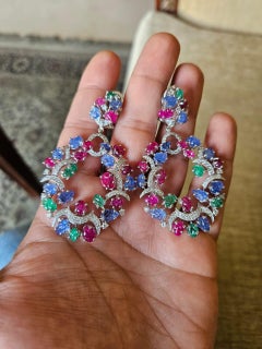 Art deco style Emerald, Ruby, Blue Sapphire, Diamond Tutti Frutti Dangle Earring