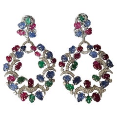 Art deco style Emerald, Ruby, Blue Sapphire, Diamond Tutti Frutti Dangle Earring