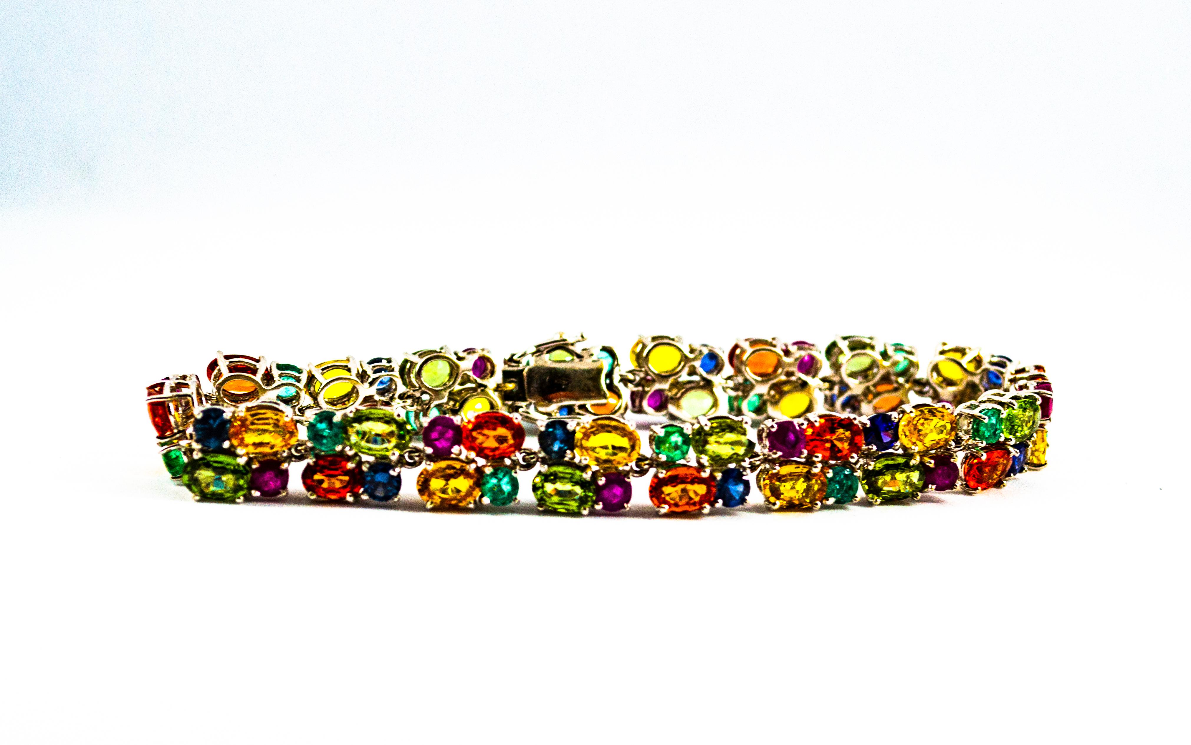 Art Deco Style Emerald Ruby Blue Yellow Green Sapphire White Gold Bracelet In New Condition In Naples, IT