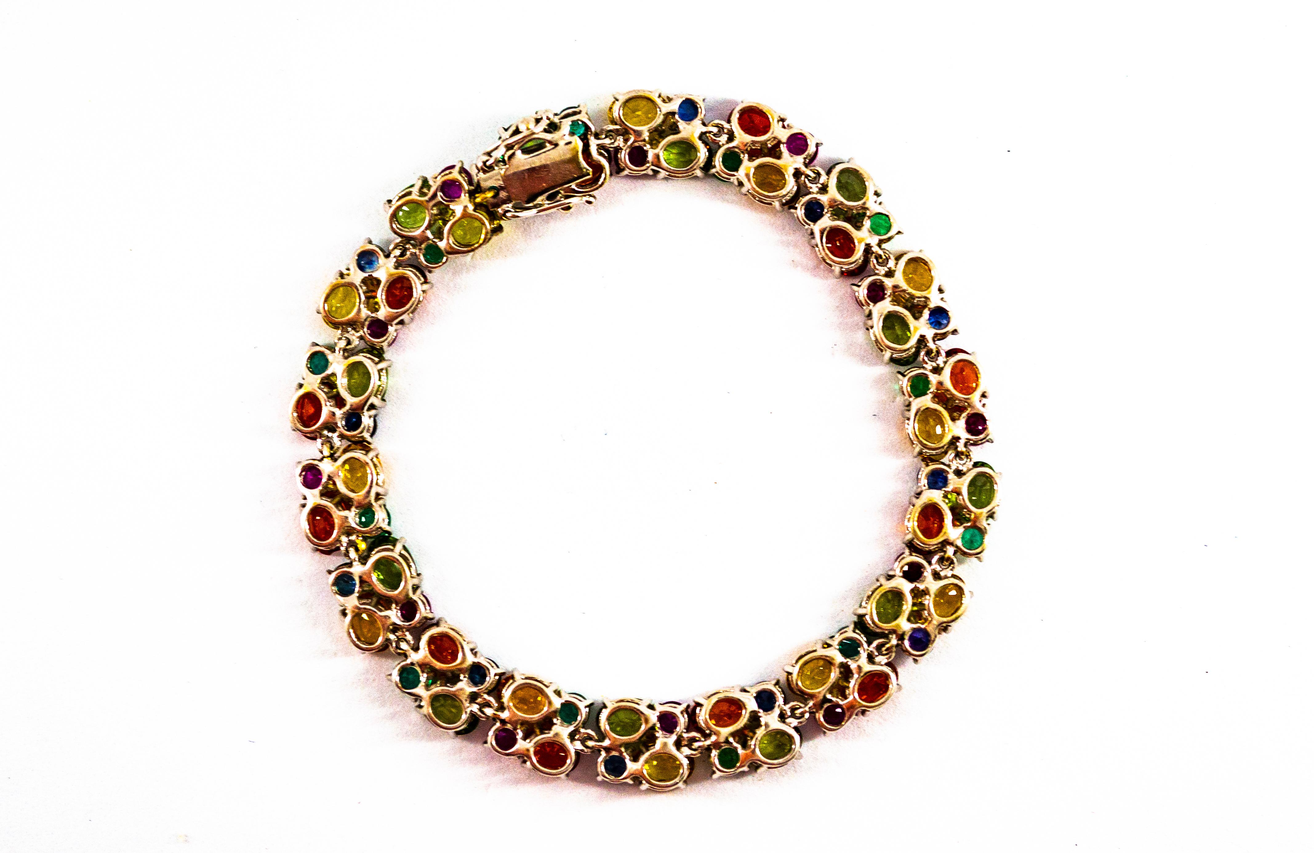 Women's or Men's Art Deco Style Emerald Ruby Blue Yellow Green Sapphire White Gold Bracelet For Sale