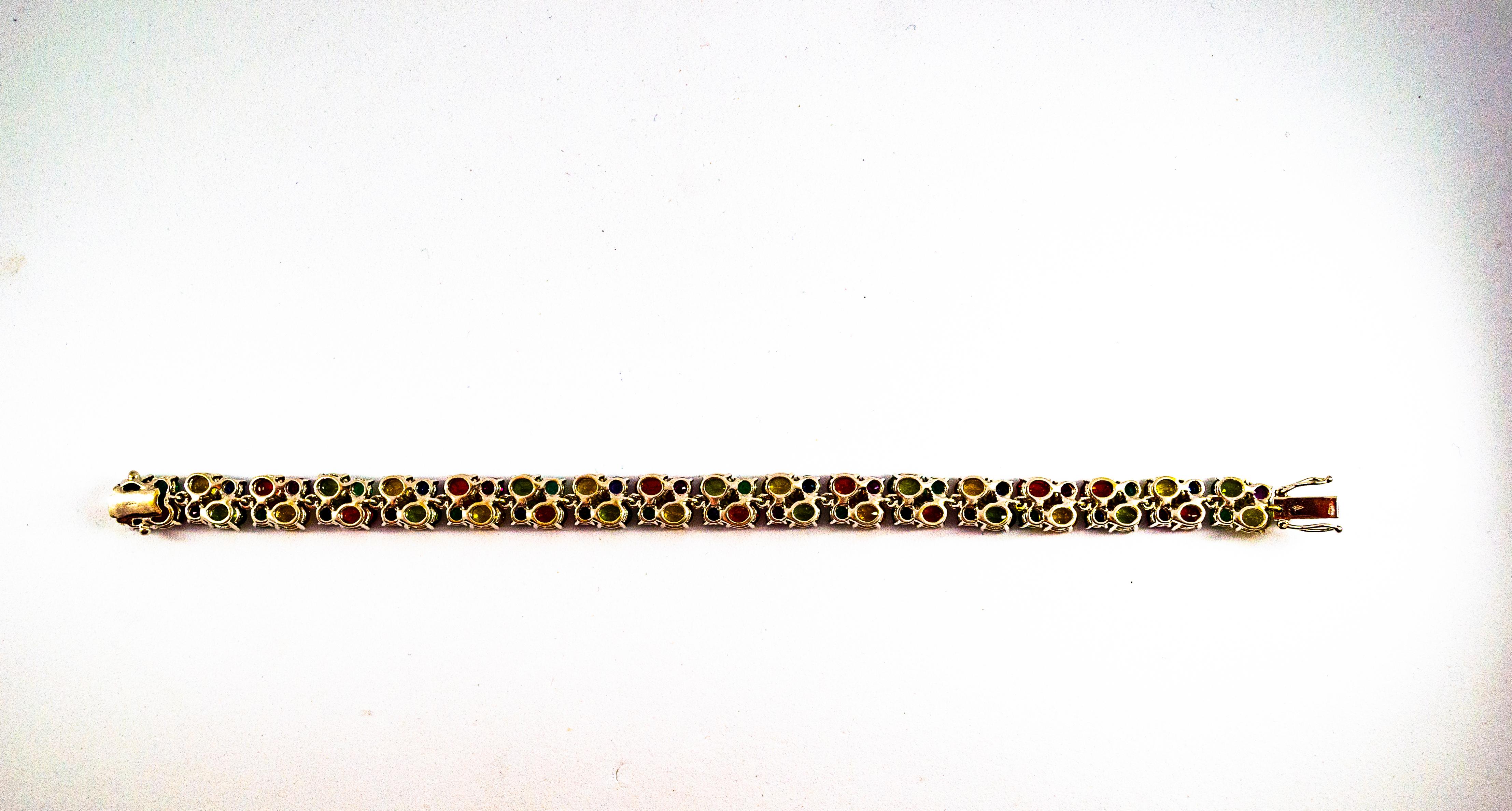 Art Deco Style Emerald Ruby Blue Yellow Green Sapphire White Gold Bracelet For Sale 4