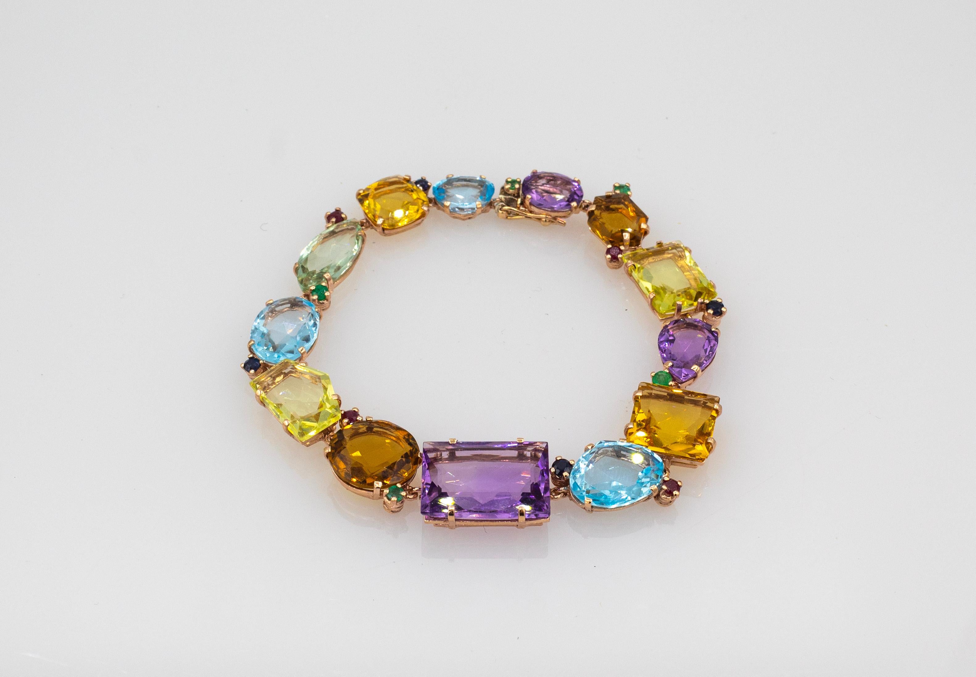 Art Deco Style Emerald Ruby Sapphire Topaz Citrine Amethyst Yellow Gold Bracelet For Sale 2