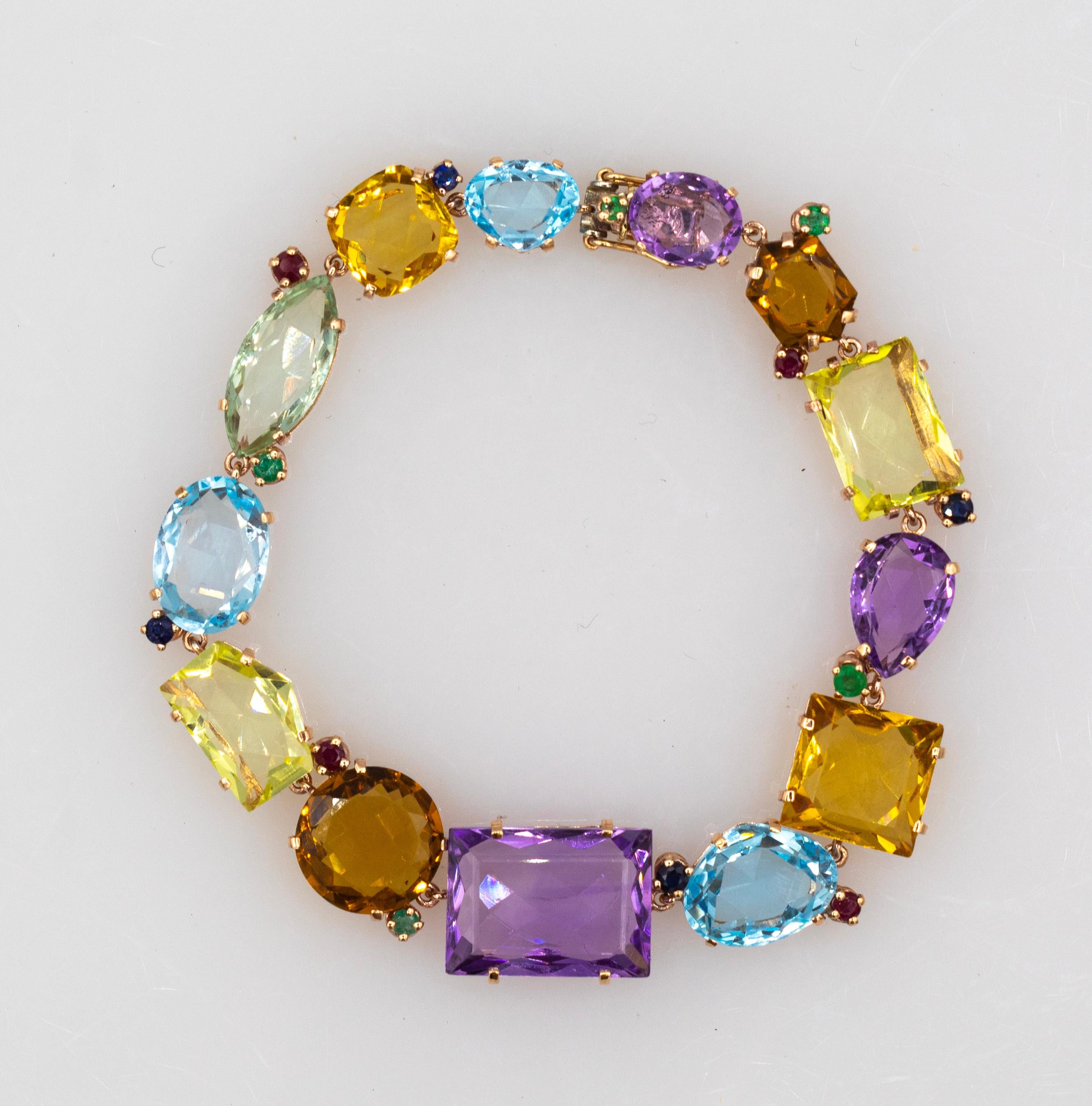 Bracelet en or jaune de style Art déco, émeraude, rubis, saphir, topaze, citrine, améthyste en vente 6