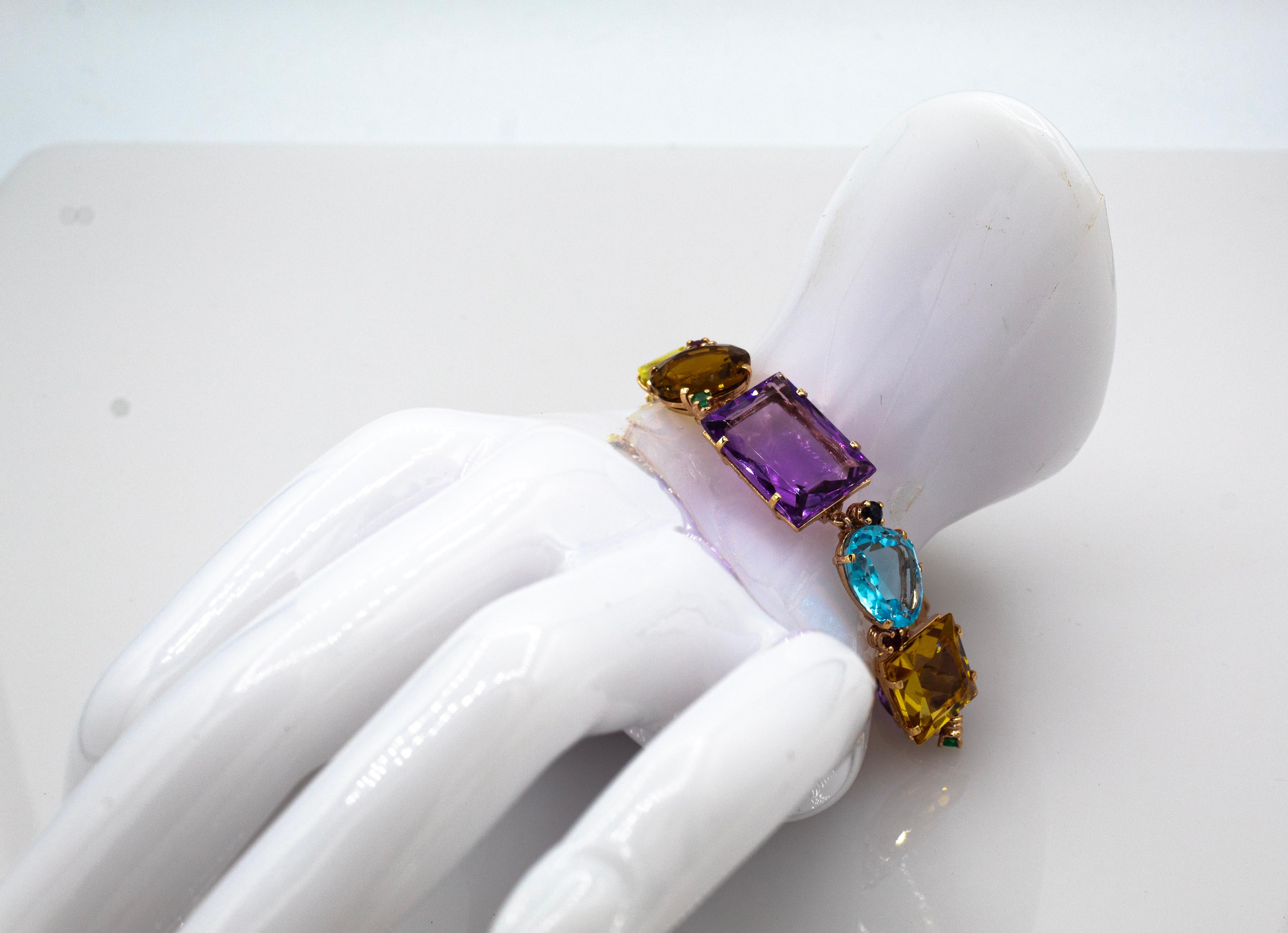 Bracelet en or jaune de style Art déco, émeraude, rubis, saphir, topaze, citrine, améthyste en vente 8
