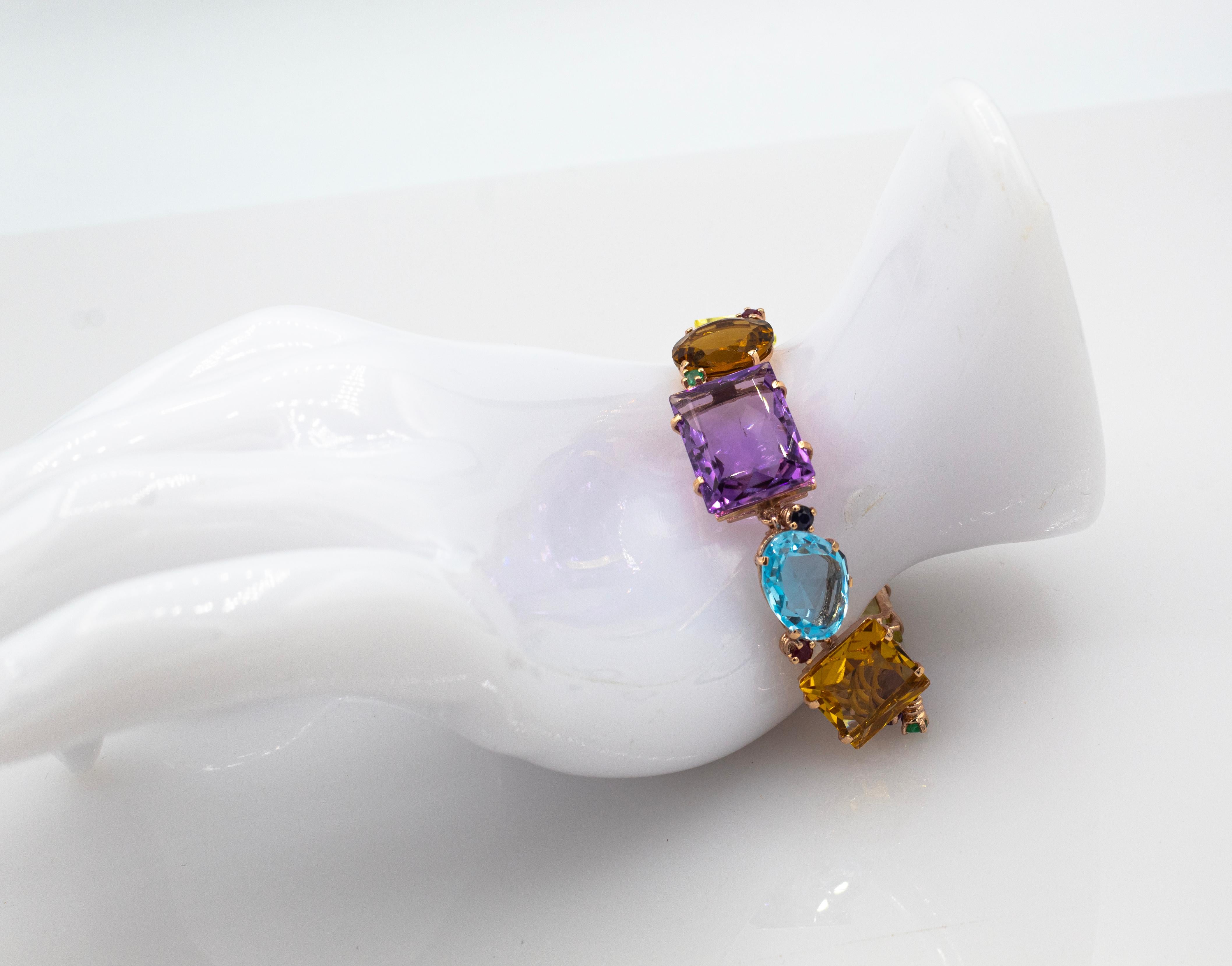 Bracelet en or jaune de style Art déco, émeraude, rubis, saphir, topaze, citrine, améthyste en vente 9
