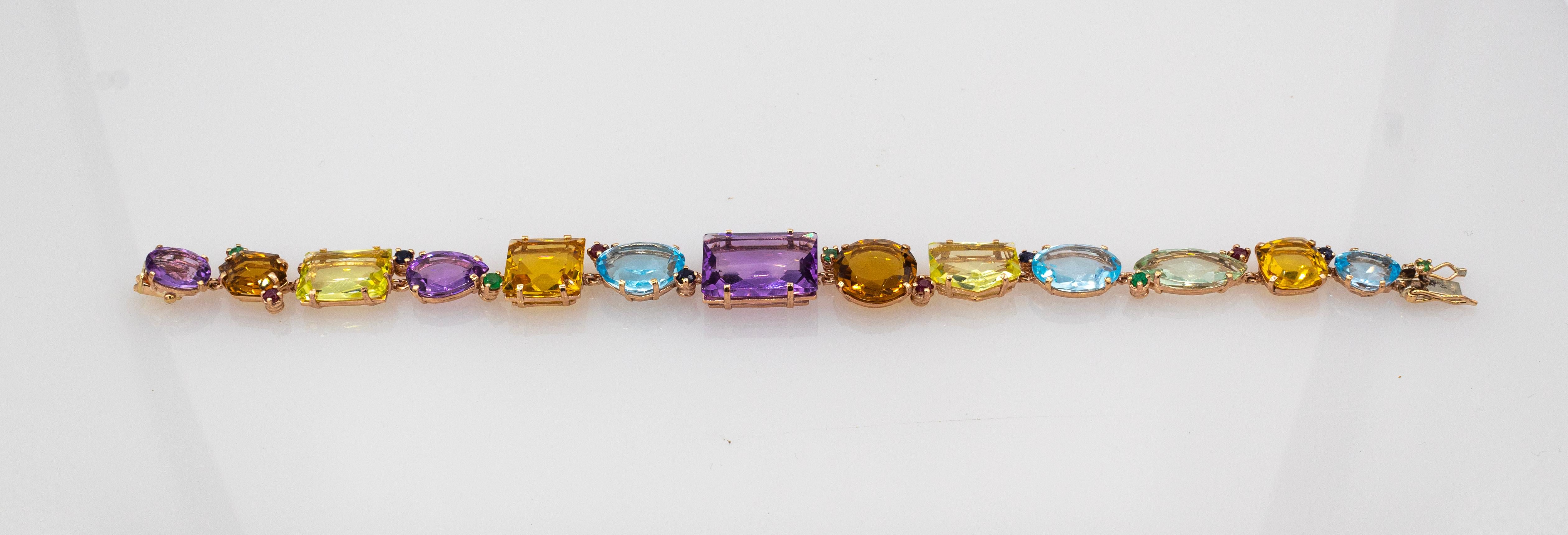 Taille ronde Bracelet en or jaune de style Art déco, émeraude, rubis, saphir, topaze, citrine, améthyste en vente