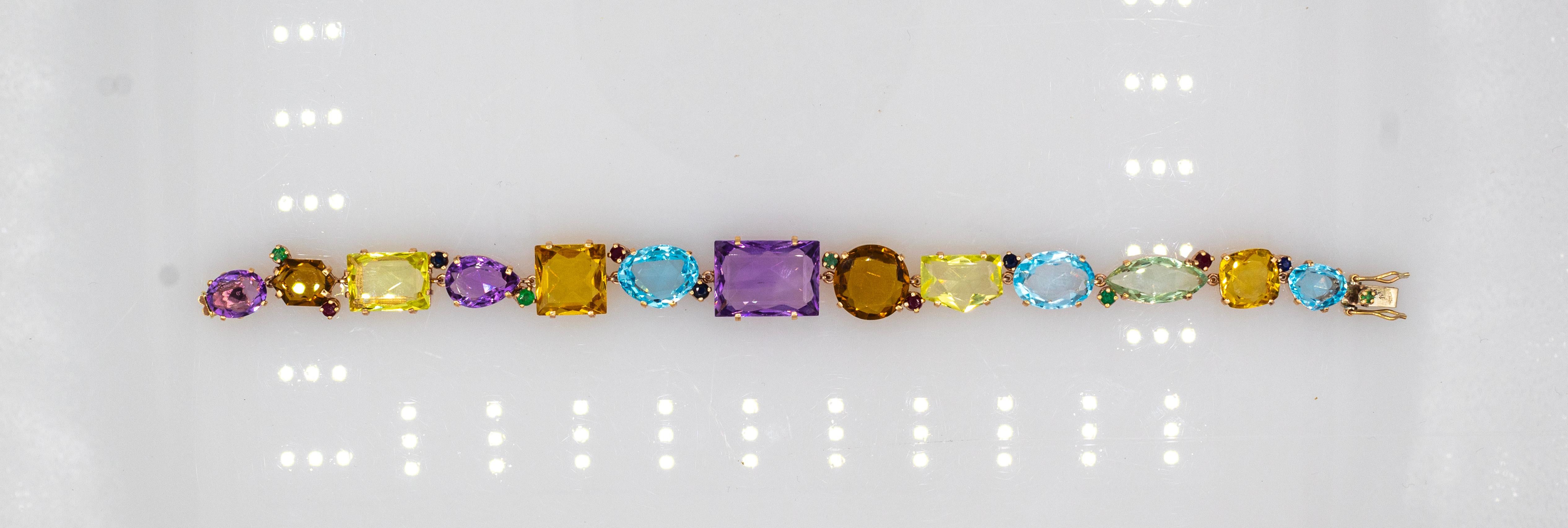 Bracelet en or jaune de style Art déco, émeraude, rubis, saphir, topaze, citrine, améthyste Neuf - En vente à Naples, IT