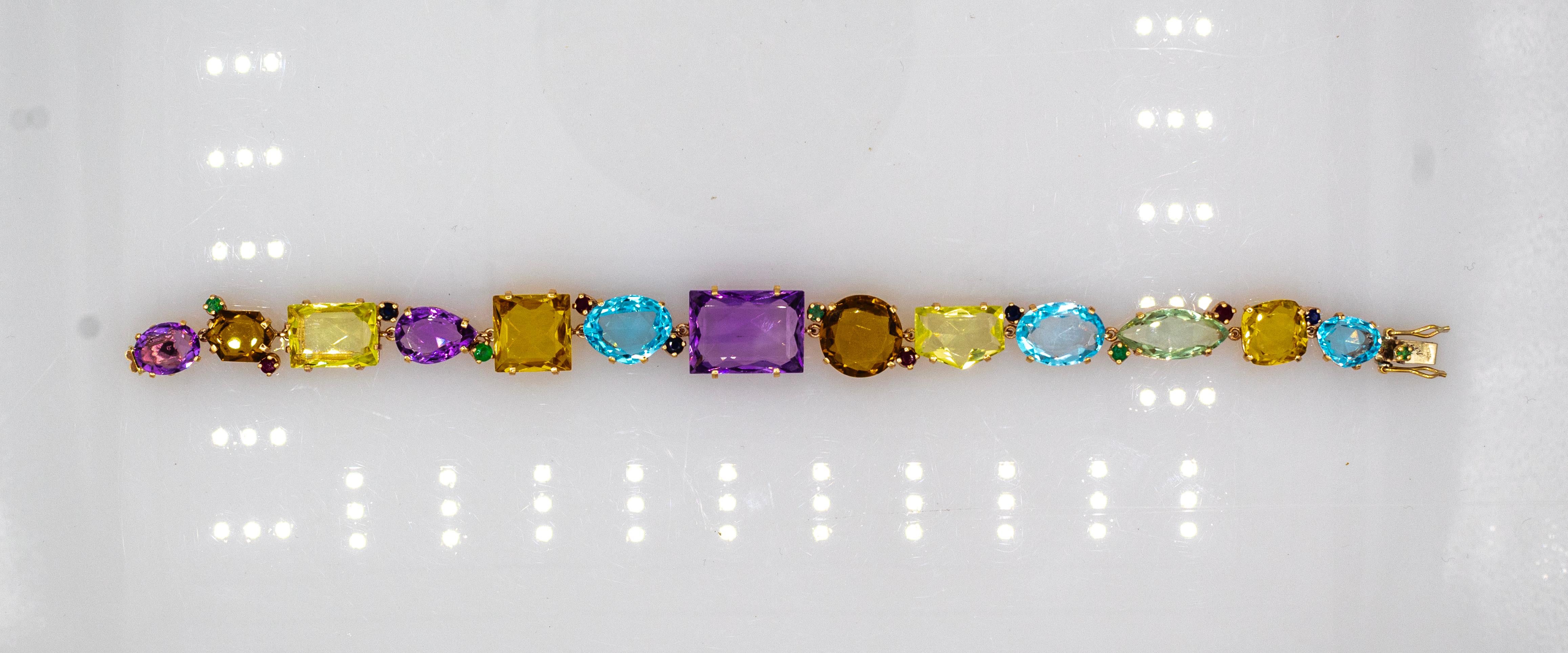 Bracelet en or jaune de style Art déco, émeraude, rubis, saphir, topaze, citrine, améthyste Unisexe en vente