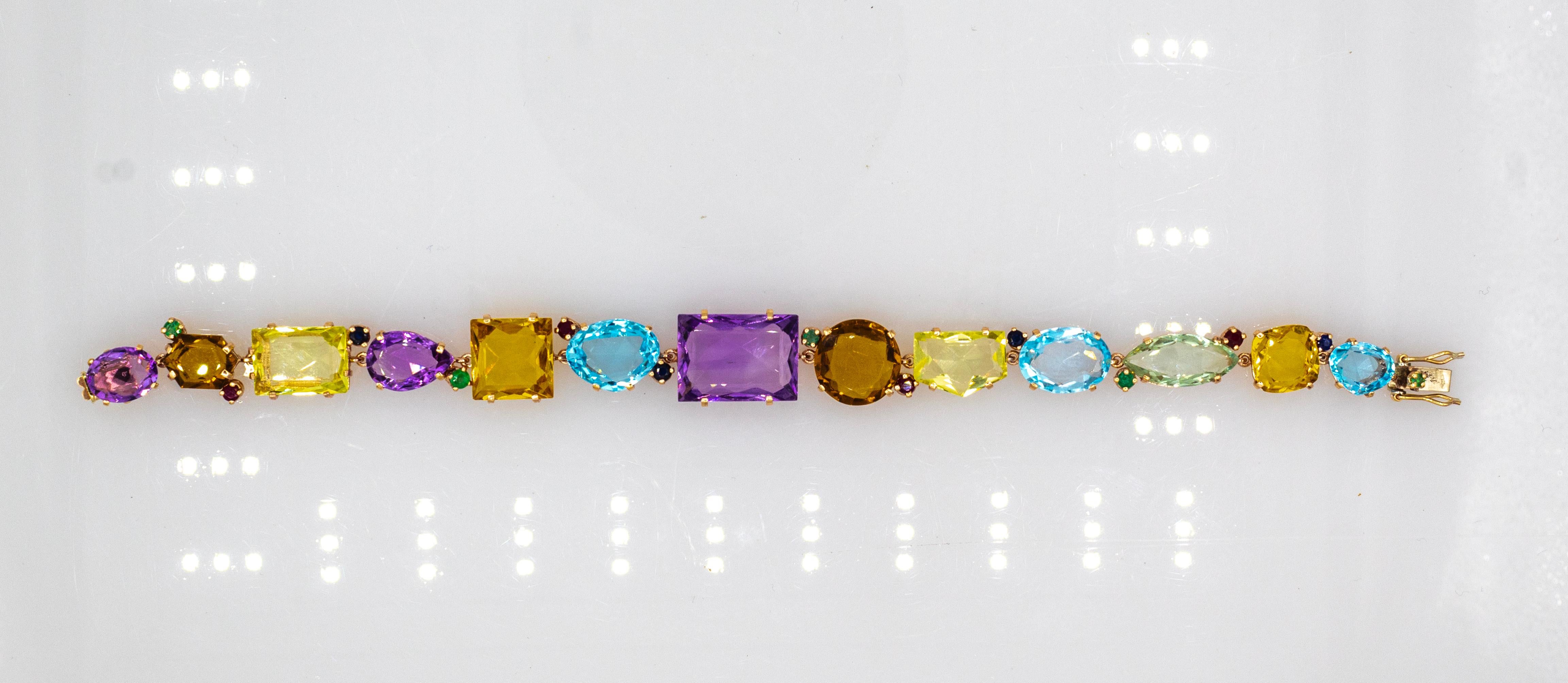 Round Cut Art Deco Style Emerald Ruby Sapphire Topaz Citrine Amethyst Yellow Gold Bracelet For Sale