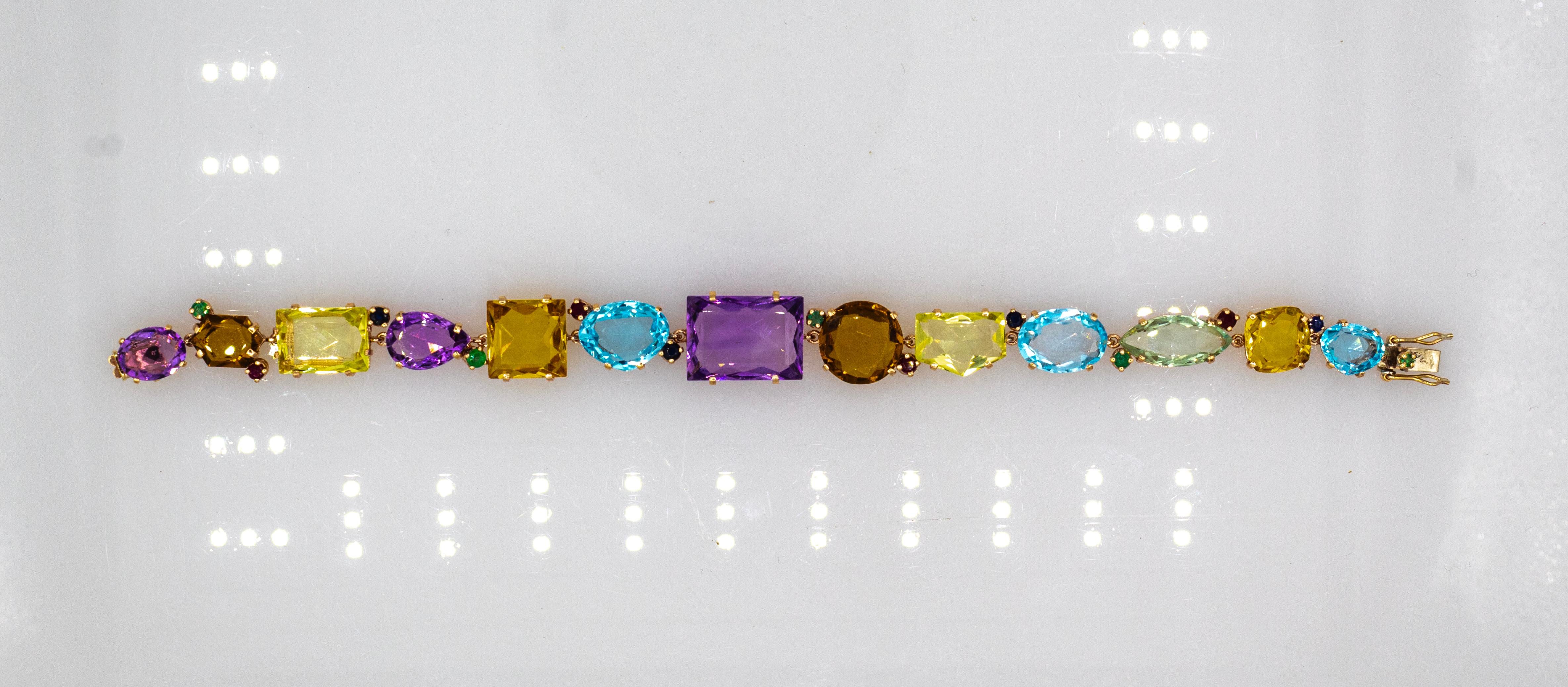 Art Deco Style Emerald Ruby Sapphire Topaz Citrine Amethyst Yellow Gold Bracelet In New Condition For Sale In Naples, IT