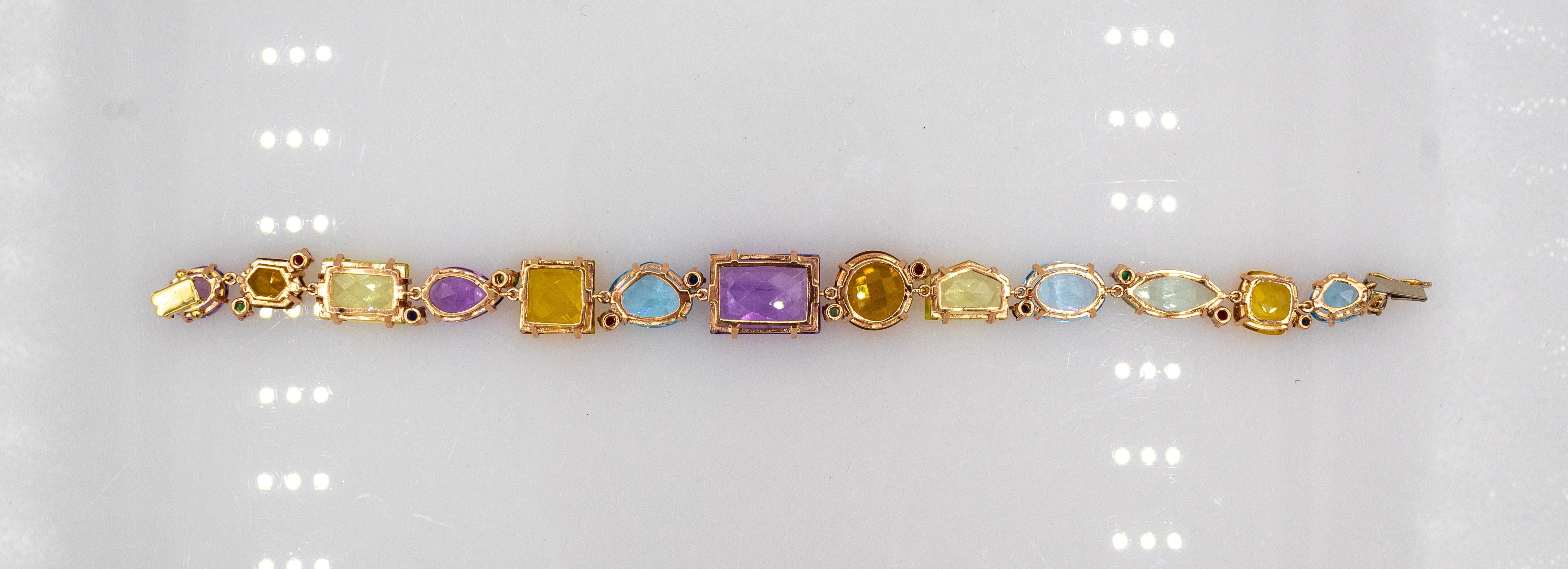 Bracelet en or jaune de style Art déco, émeraude, rubis, saphir, topaze, citrine, améthyste en vente 3