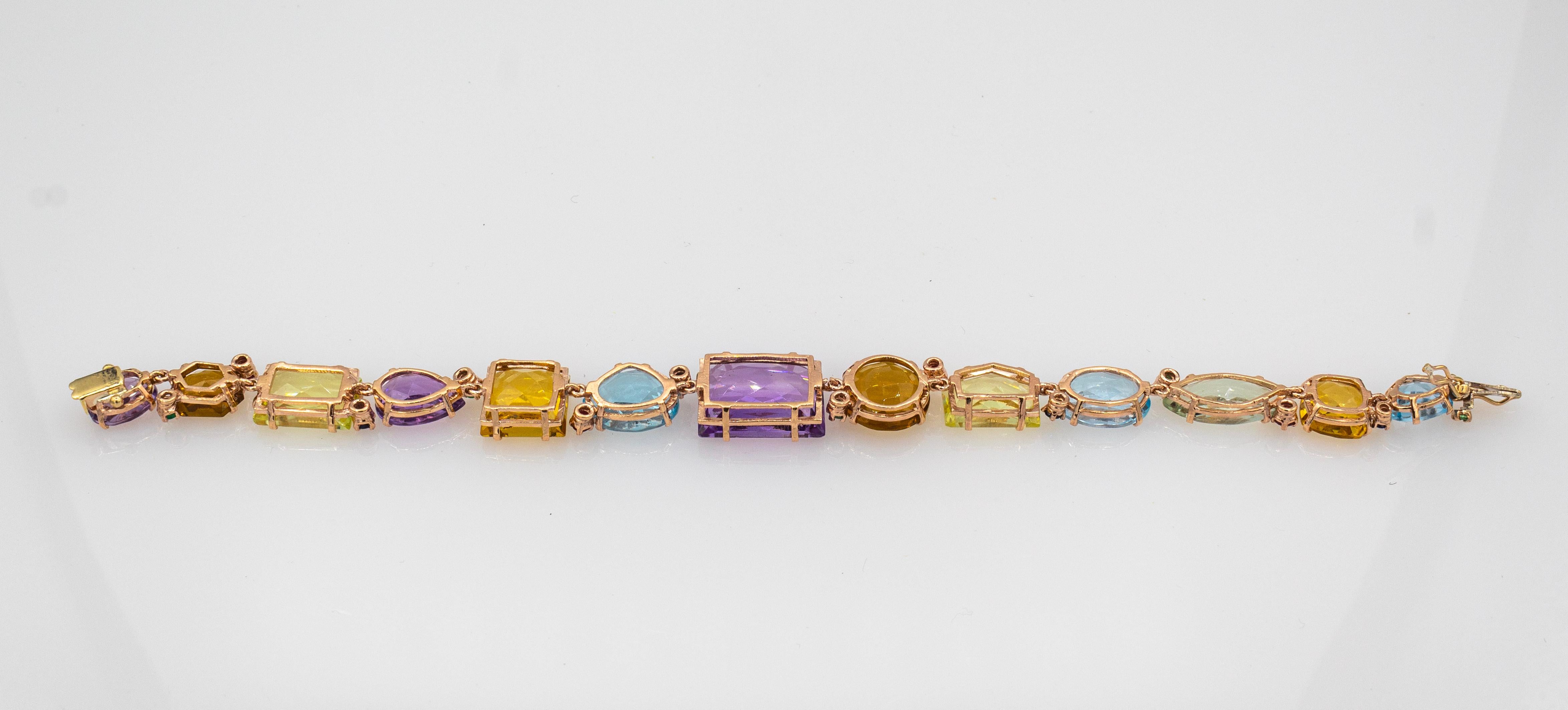 Bracelet en or jaune de style Art déco, émeraude, rubis, saphir, topaze, citrine, améthyste en vente 4