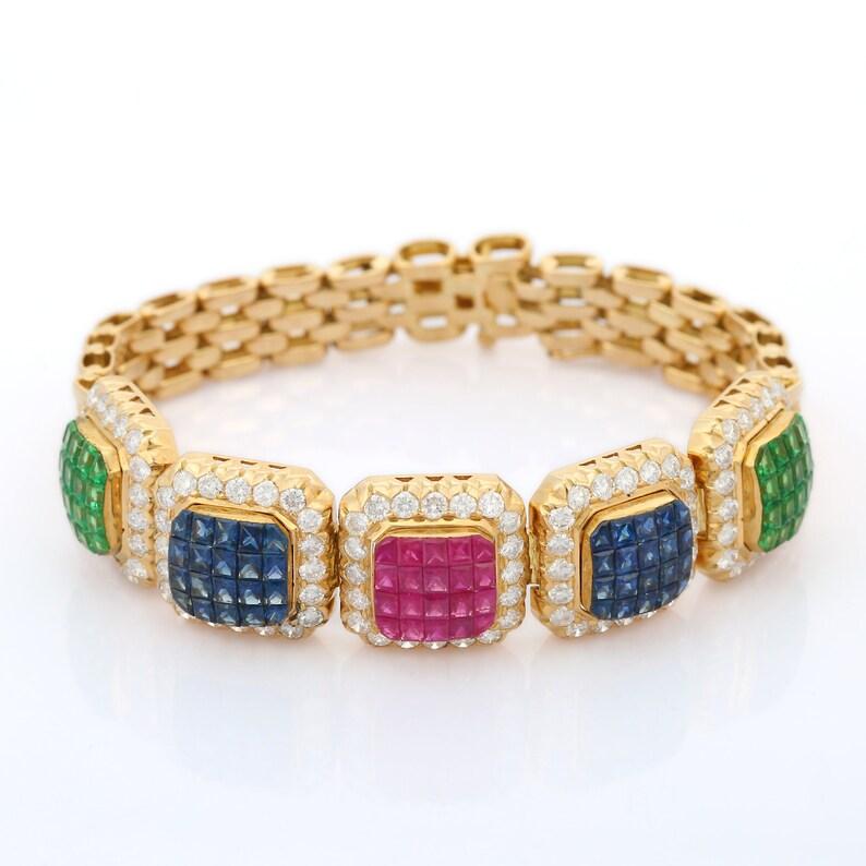 Bracelet de mariage de style Art déco en or jaune massif 18 carats, émeraude, rubis et saphir Pour femmes en vente