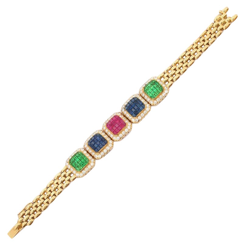 Art Deco Stil Smaragd Rubin Saphir Hochzeit Armband 18k Solid Gelbgold