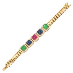 Art Deco Stil Smaragd Rubin Saphir Hochzeit Armband 18k Solid Gelbgold