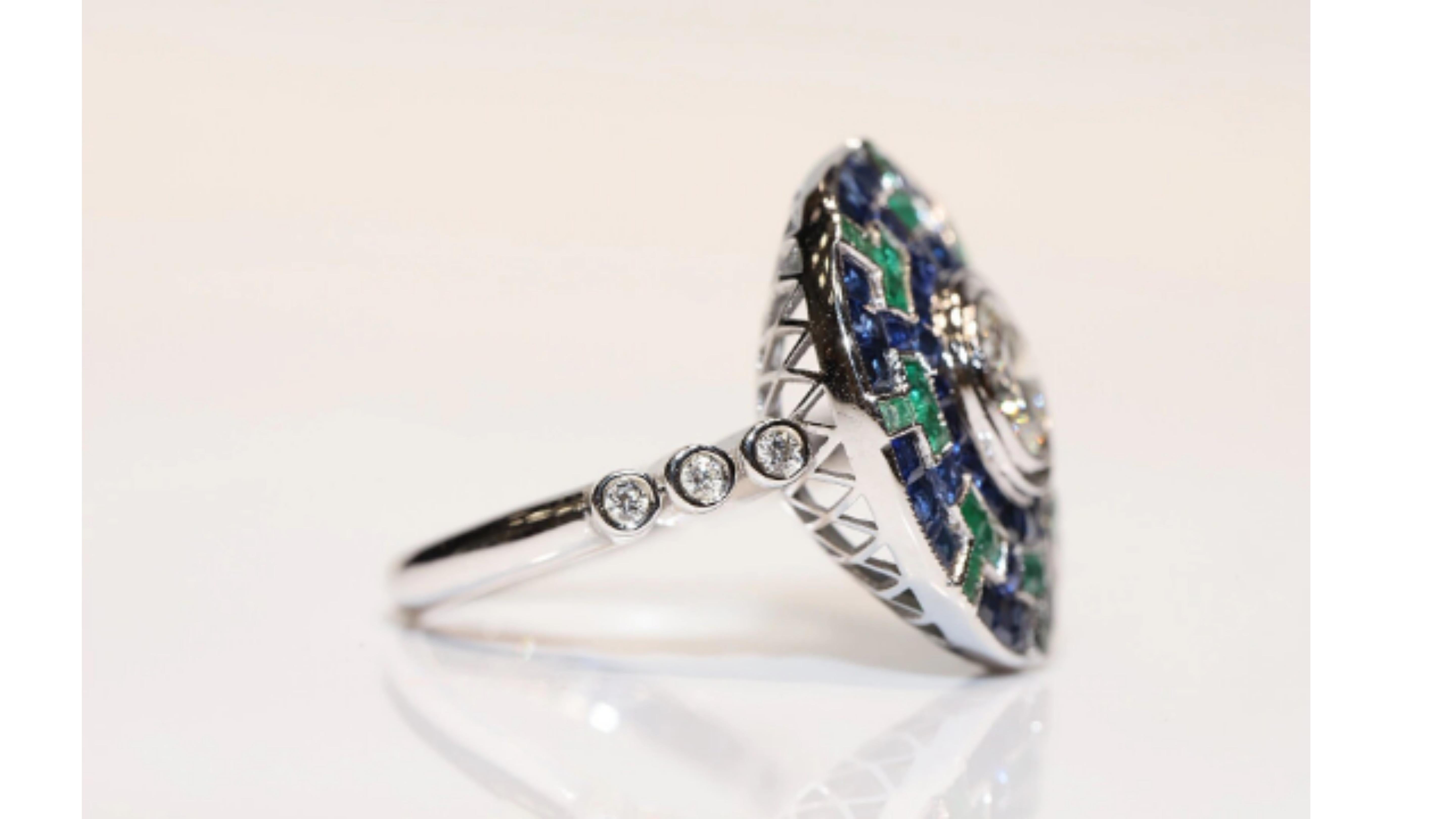 Women's Art Deco Style Emerald Sapphire Diamond Ring For Sale