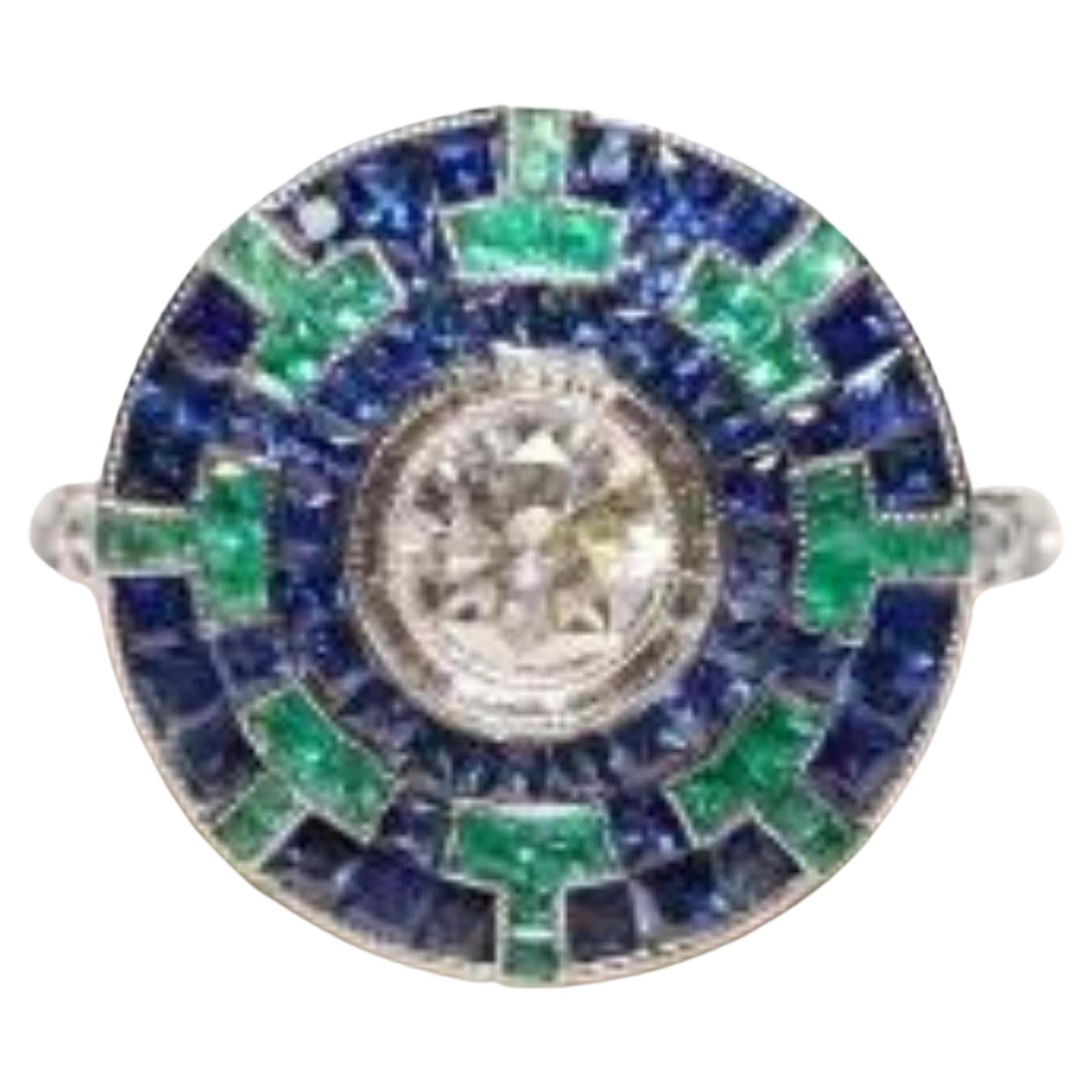 Art Deco Style Emerald Sapphire Diamond Ring