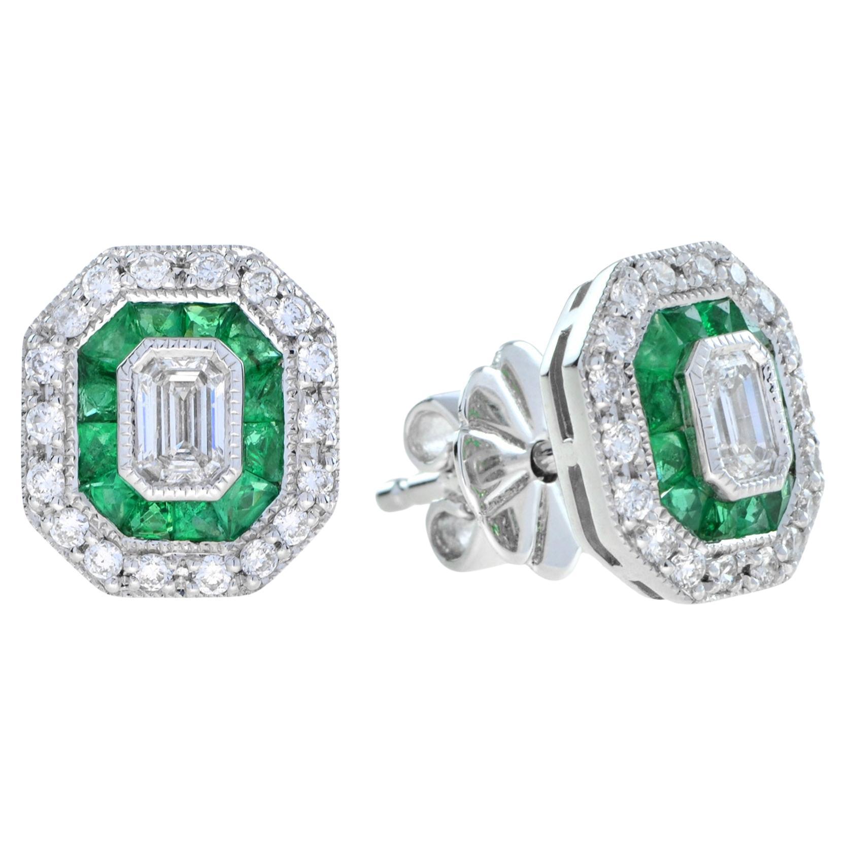 Art Deco Style Emerald Shape Cut Diamond Emerald Halo Set Gold Stud Earrings