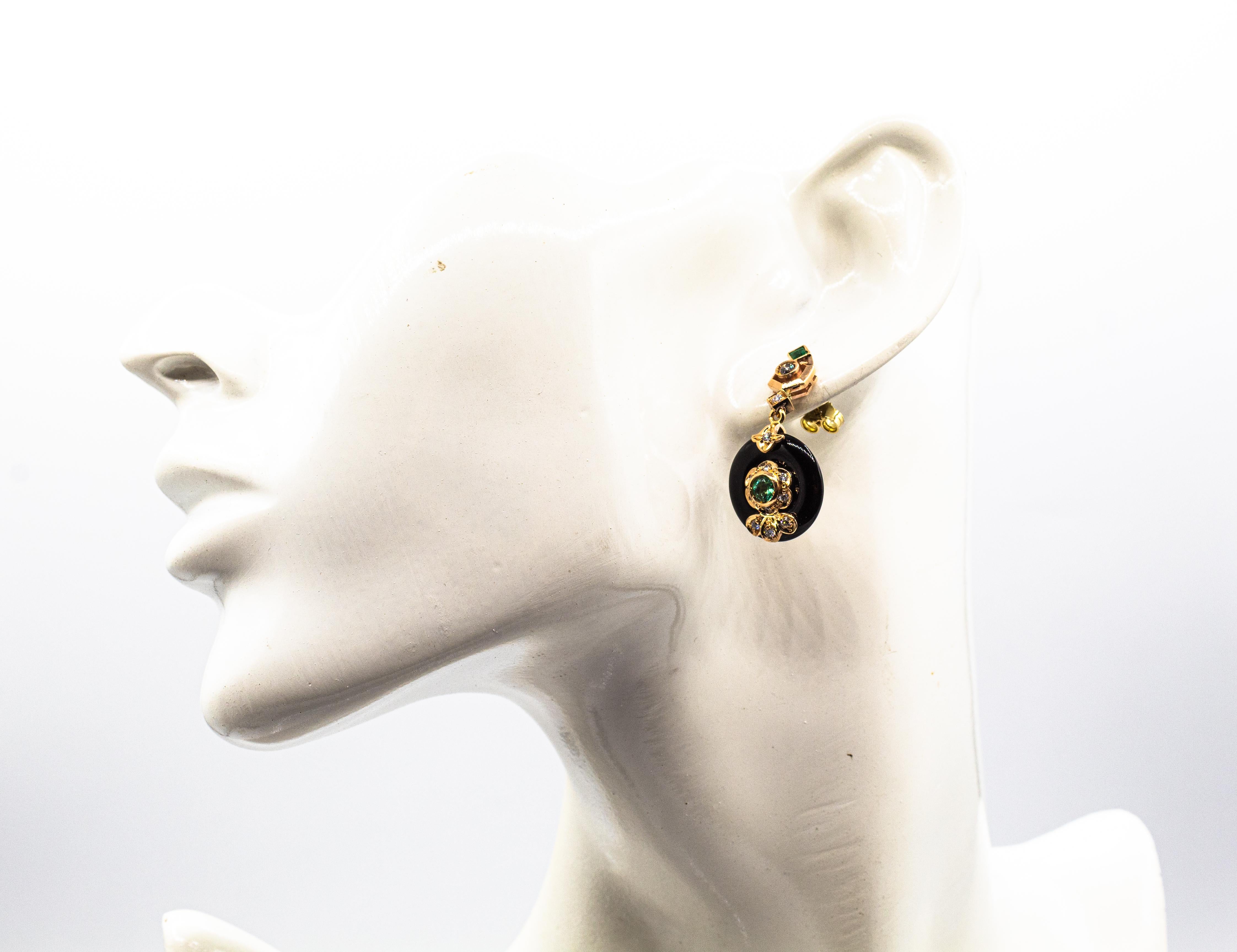Art Deco Style Emerald White Diamond Handcut Onyx Yellow Gold Clip-On Earrings For Sale 2
