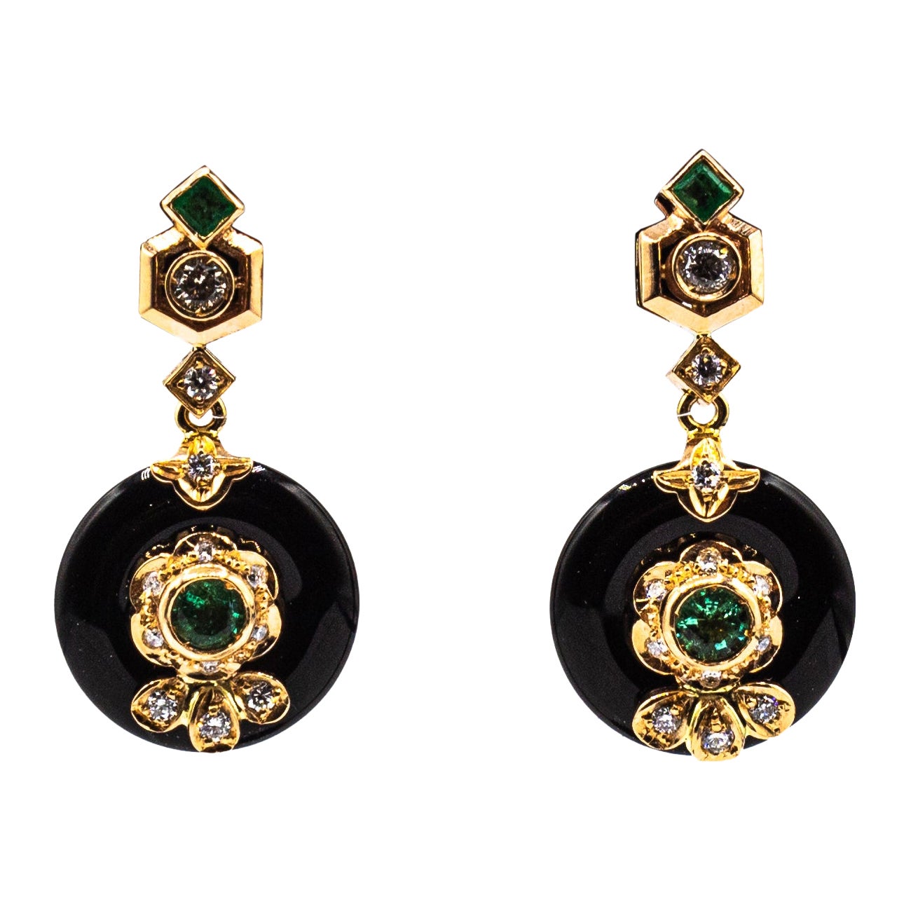 Boucles d'oreilles à clip en or jaune, style Art Déco, émeraude, diamant blanc, onyx taillé à la main