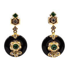 Boucles d'oreilles à clip en or jaune, style Art Déco, émeraude, diamant blanc, onyx taillé à la main