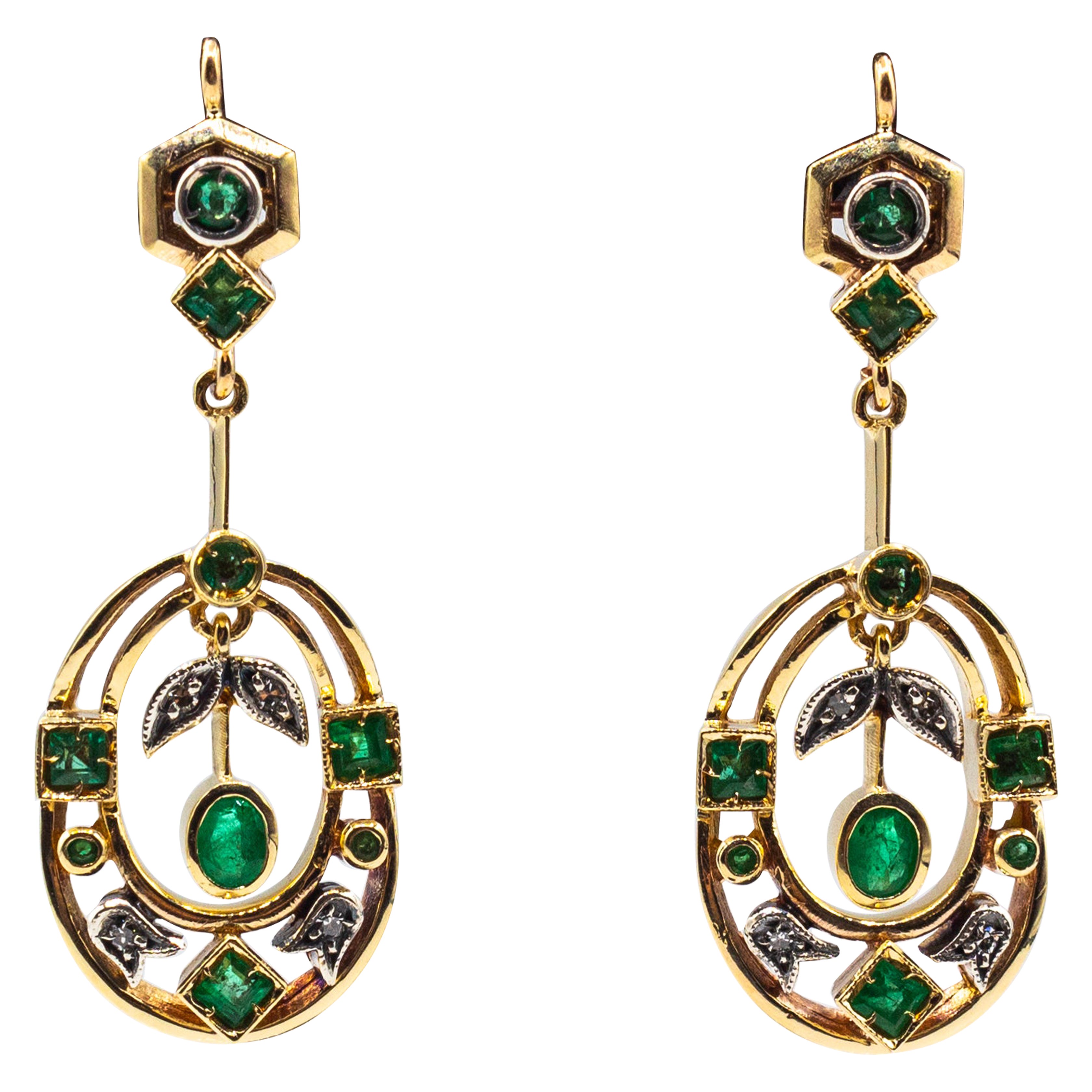 Art Deco Style Emerald White Round Cut Diamond Yellow Gold Lever-Back Earrings